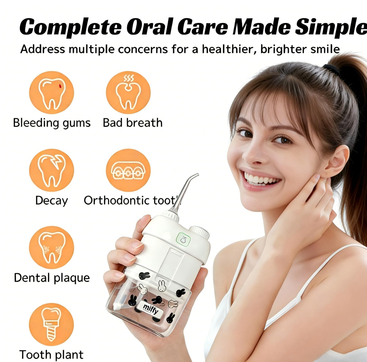MIPOW x Miffy Brush GO i4 Electric Toothbrush & Mini Water Flosser Combo - Slim Rechargeable, Ceramic Dock, Travel Case,