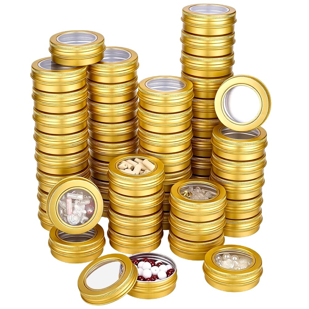 BENECREAT 50 Pcs Metal Tin Cans with Clear Top, 1 Oz/30ml Roud Aluminum Metal Tins Empty Containers for Cosmetics Beads 