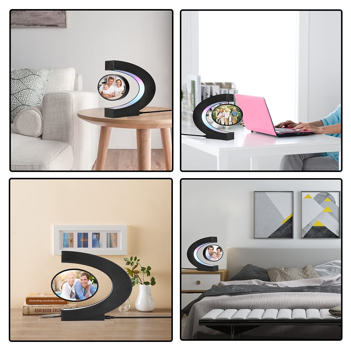 UVEHAS Levitating Photo Frame with LED Colorful Lights Magnetic Levitation Floating Rotating Picture Frame Display Stand