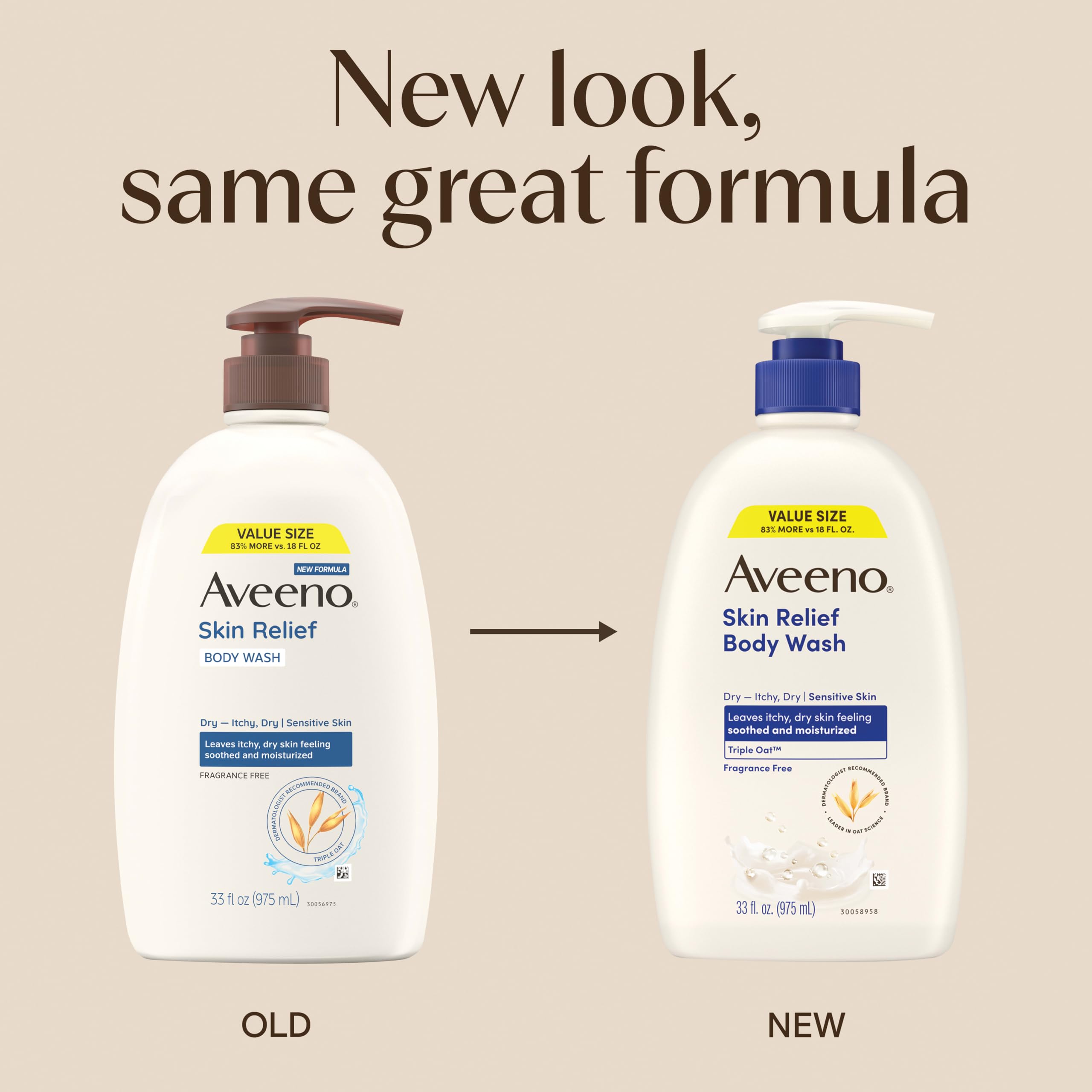 Aveeno Skin Relief Body Wash with Triple Oat Complex, fragrance-free, gentle for sensitive skin, soothing dry, itchy skin, 33 fl oz