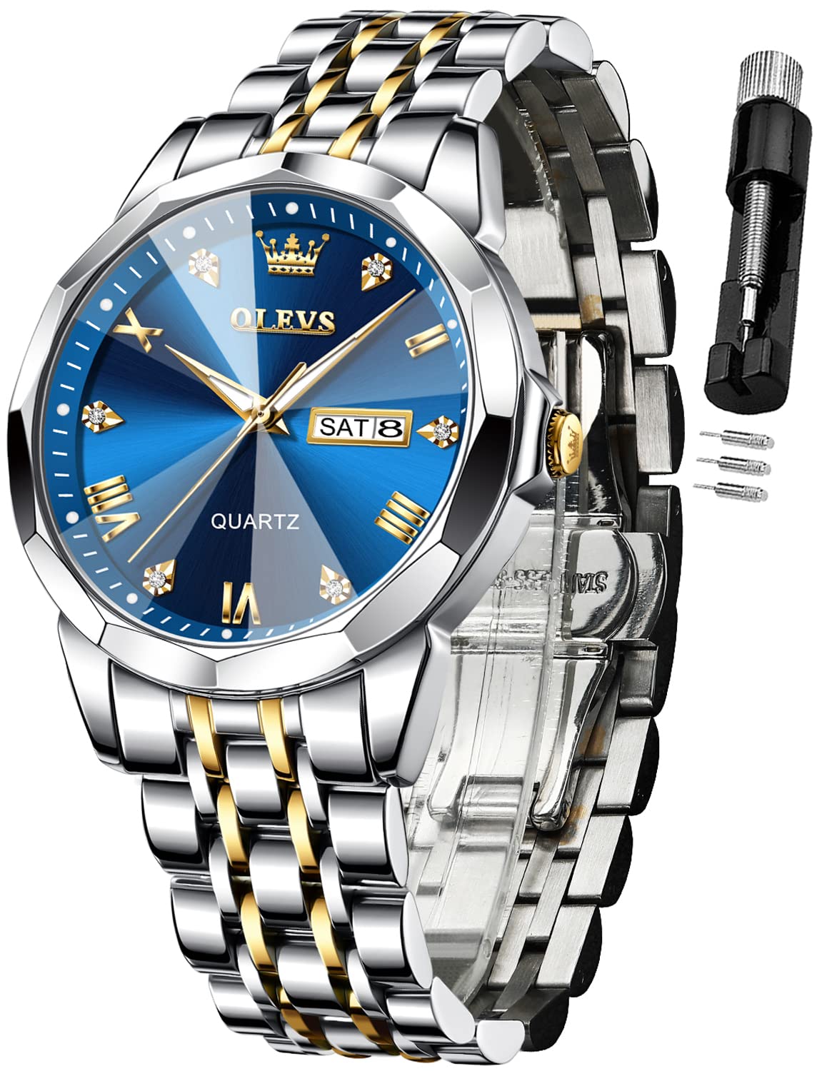OLEVS Watch for Men Diamond Business Dress Analog Stainless Steel Waterproof Luminous Date Two Tone Luxury Casual Wrist 
