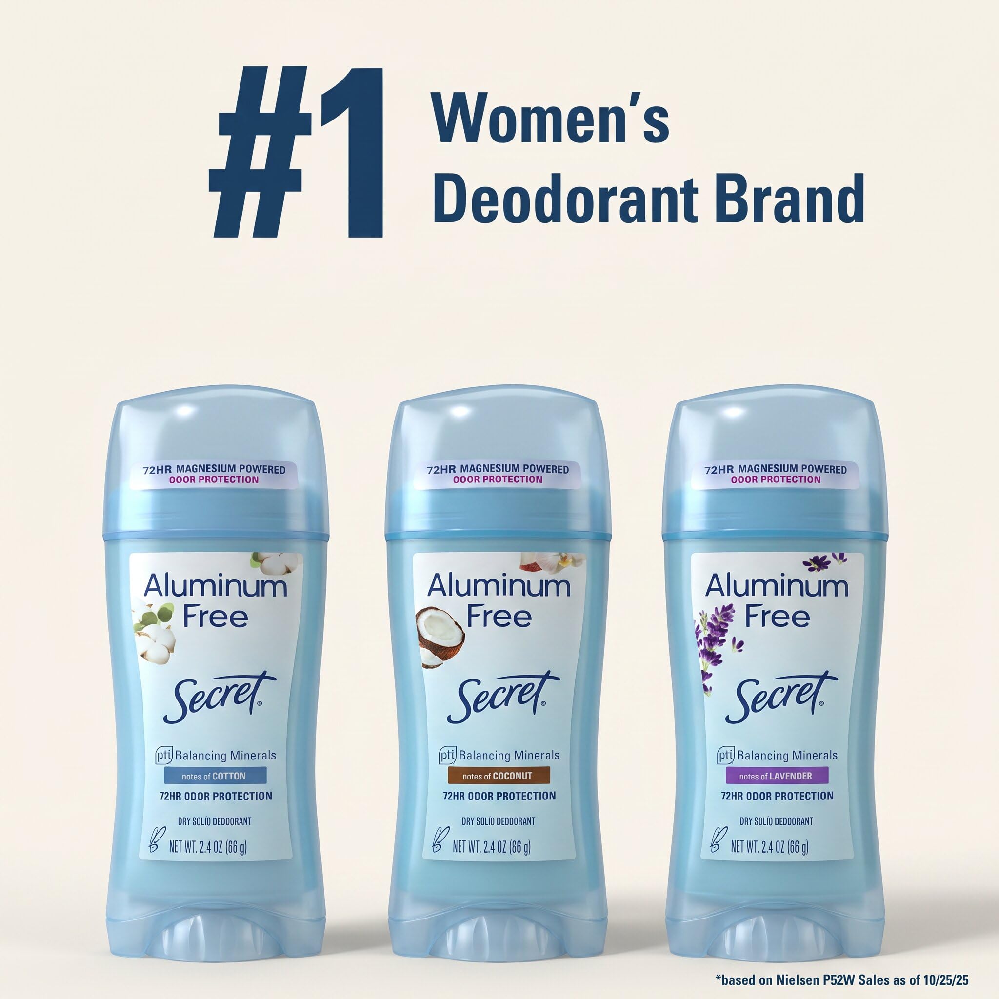 Secret aluminum-free women’s deodorant with cotton scent in a 2.4 oz stick, natural and fresh body deodorant for everyday use.