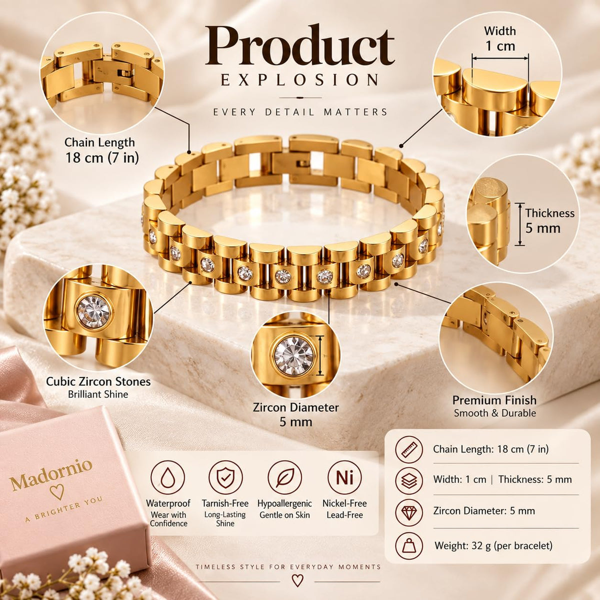 Madornio 18K Gold Plated Stainless Steel Bracelet for Women Non-Tarnish, Waterproof, Chunky Link Chain – Fashion Jewelry