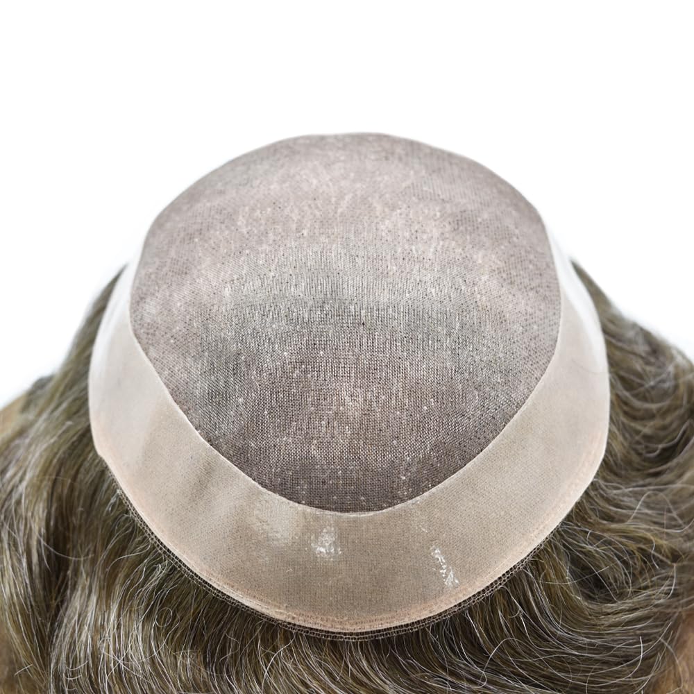 Curve Hair men's toupee wig made of human hair, light brown with 40% gray, 7x9 inches, monofilament hairpiece for men.