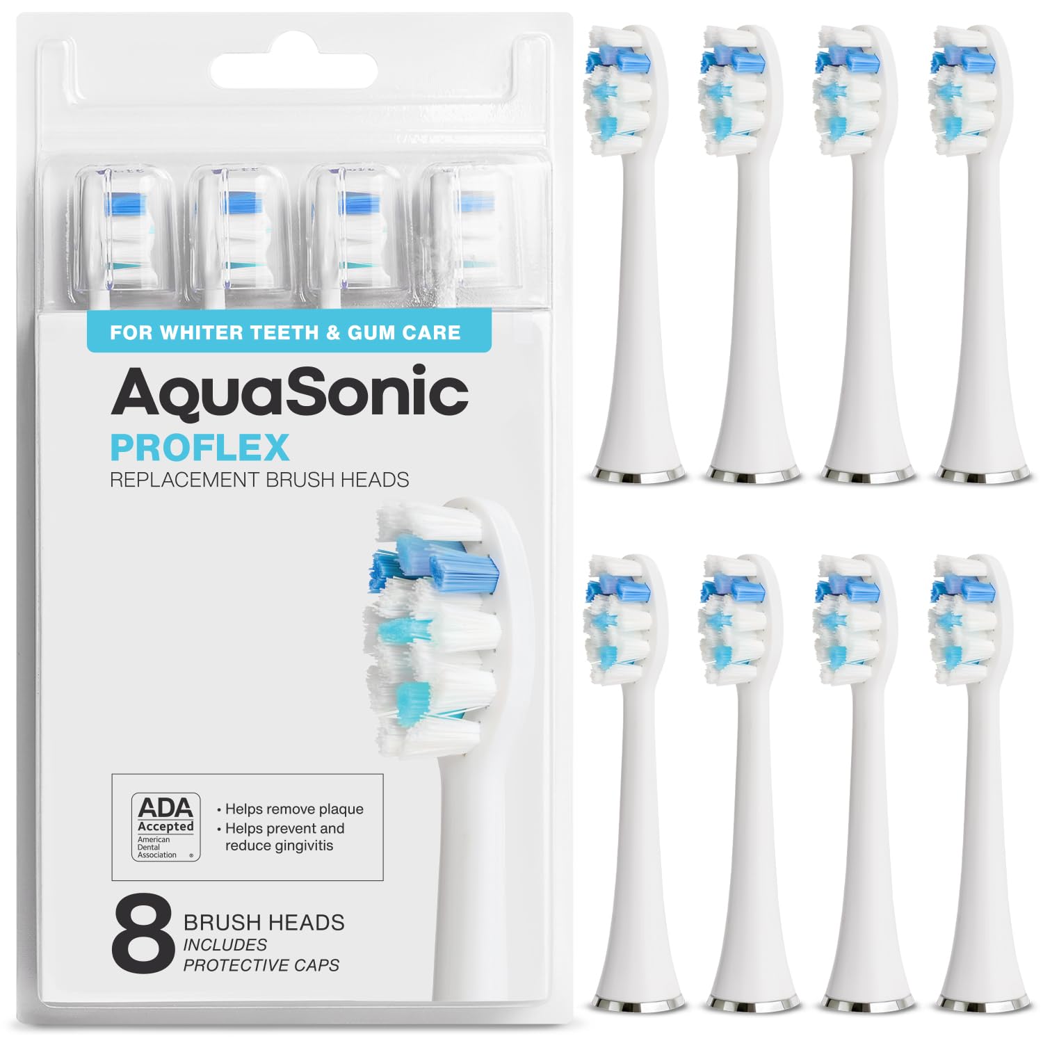 Eight AquaSonic genuine Proflex replacement toothbrush heads in white, compatible with AquaSonic electric toothbrush handles.