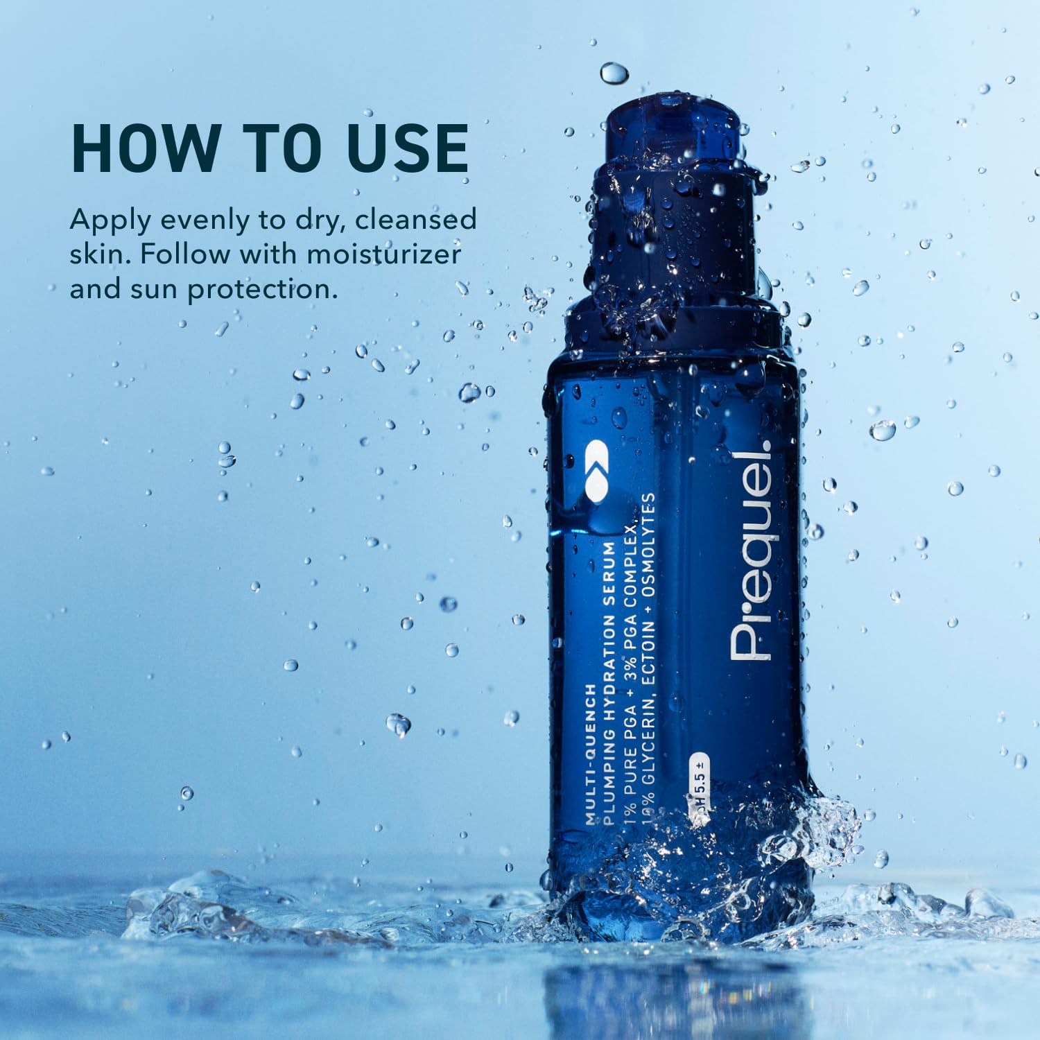 Prequel Multi Quench Hydration Skin Serum with PGA Complex for dry skin, featuring a sleek bottle and dropper applicator.