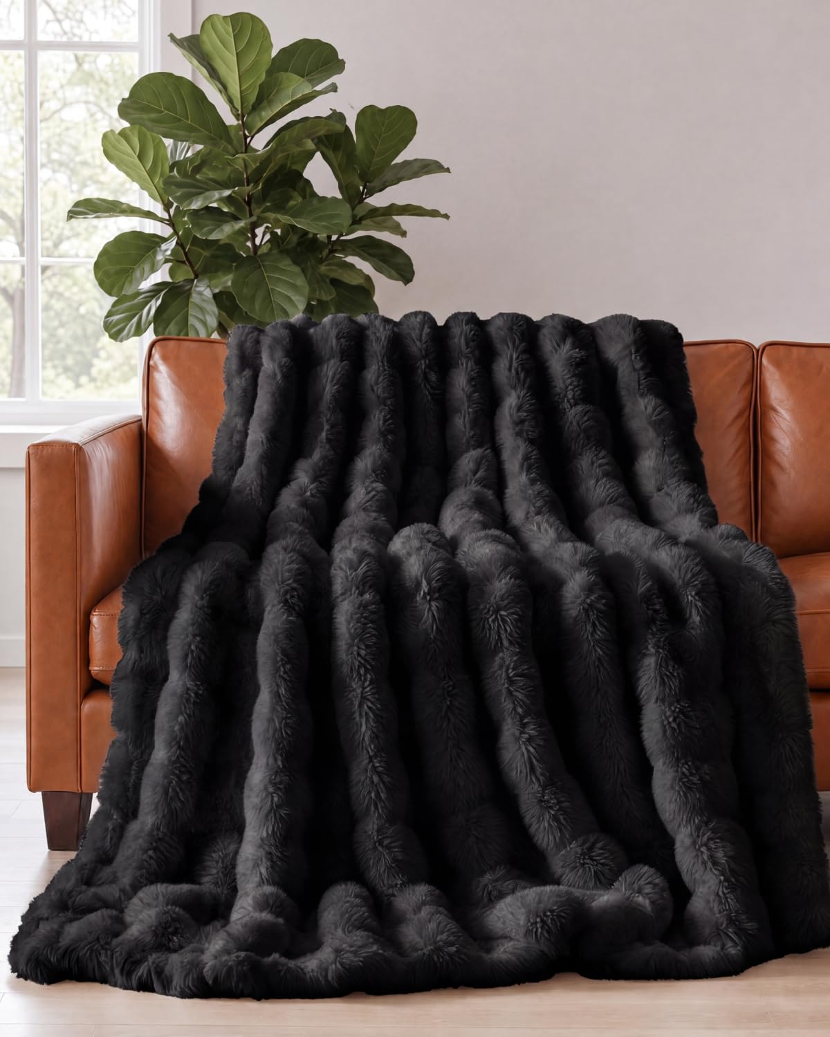 CGK Unlimited Faux Fur Throw Blanket - Throw Size Bubble Blanket - 50" x 60", Black – product photo (Bed Blanket