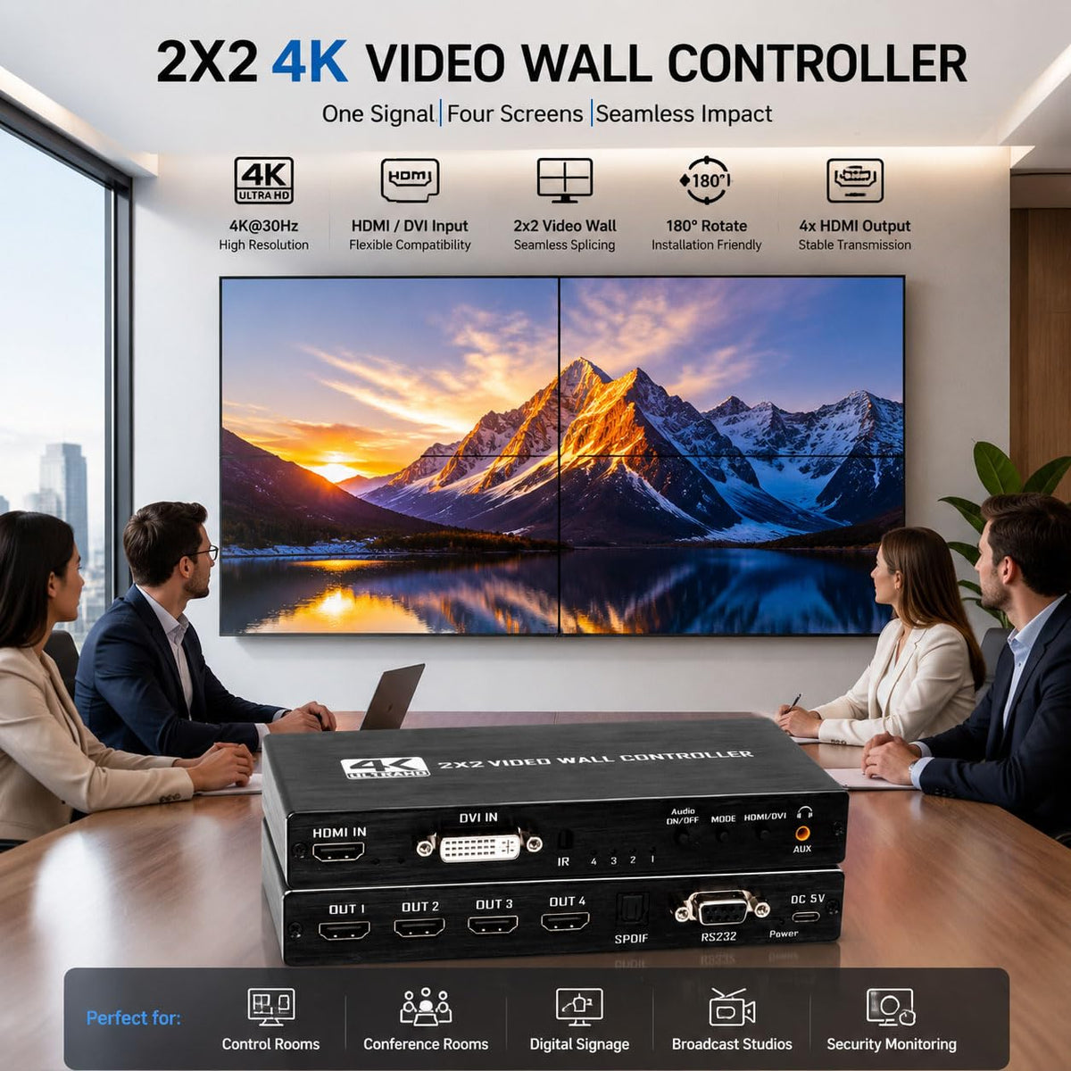 DEANFINN 2x2 4k Video Wall Controller, Transform 4 TV Screens into a Single Wall Display with HDMI & DVI 4K Input, 180° 