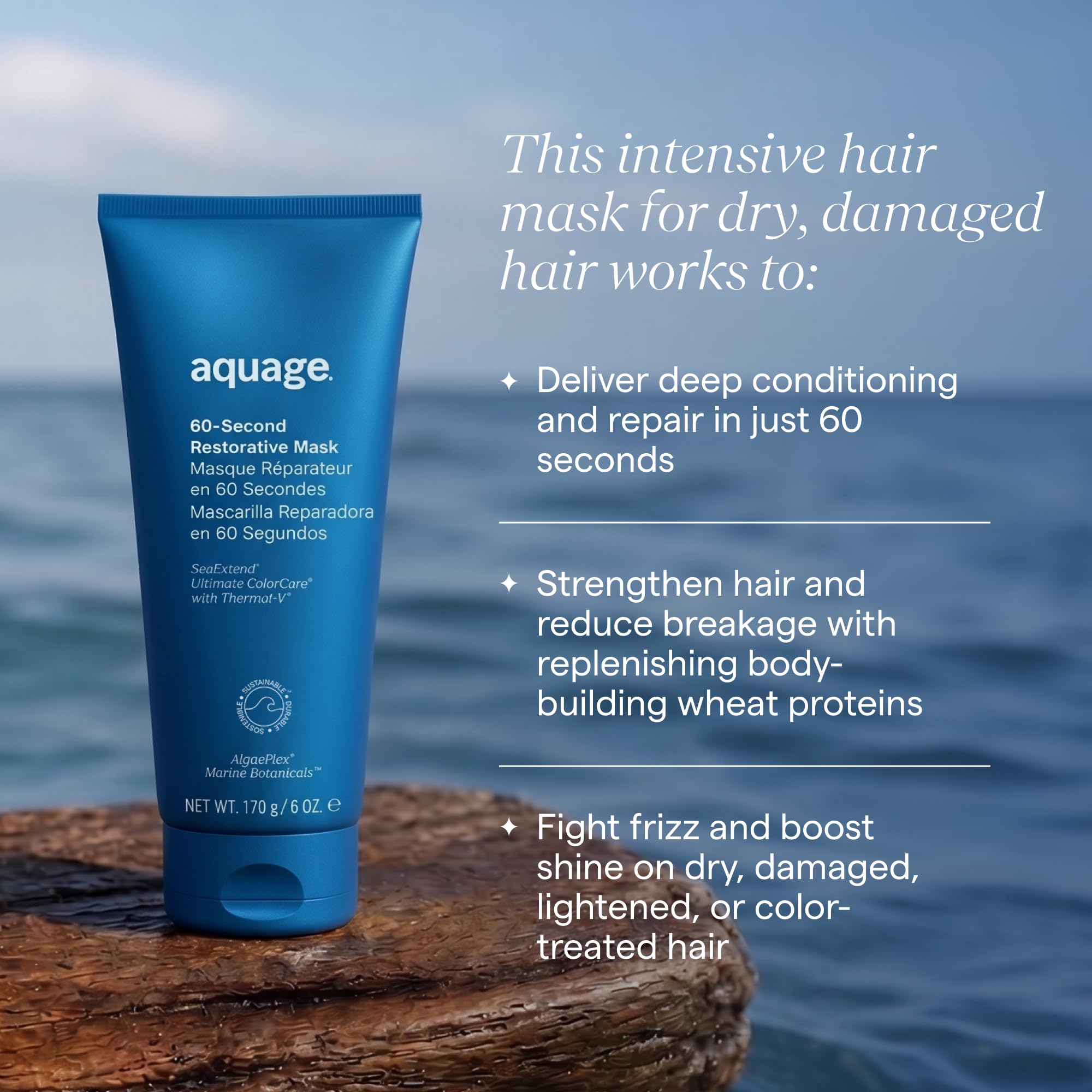 Aquage 60 Second Restorative Repair Hair Mask and Conditioner in a 33.8 oz jar, showing the product packaging and label.