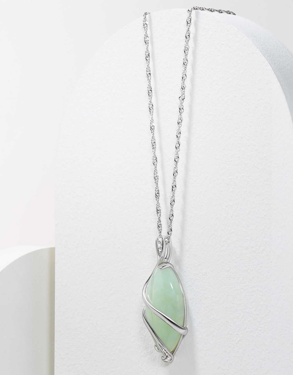 MORGAN & PAIGE Silver Rhodium Plated Genuine Green Jade Necklace or Jade Earrings – back view and specifications
