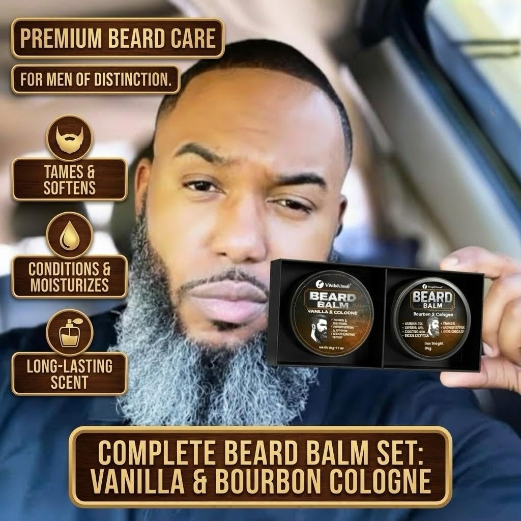 VITALSKINOIL Beard Balm Set for Men, Sandalwood & Cologne Scented, 2-Pack Set Pair – packaging and label