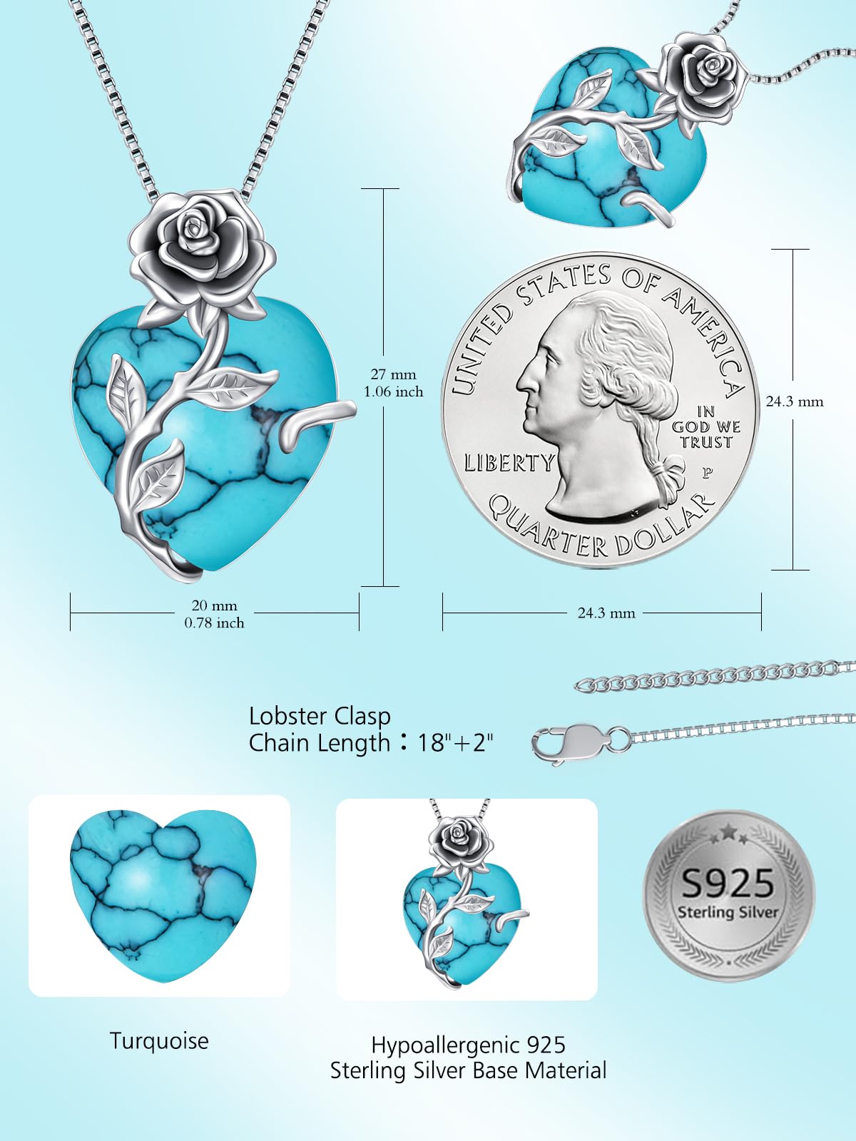 OCJ Birthstone Necklace for Women 925 Sterling Silver Rose Flower Heart Birthstones Pendant Necklace Fine Jewelry Annive