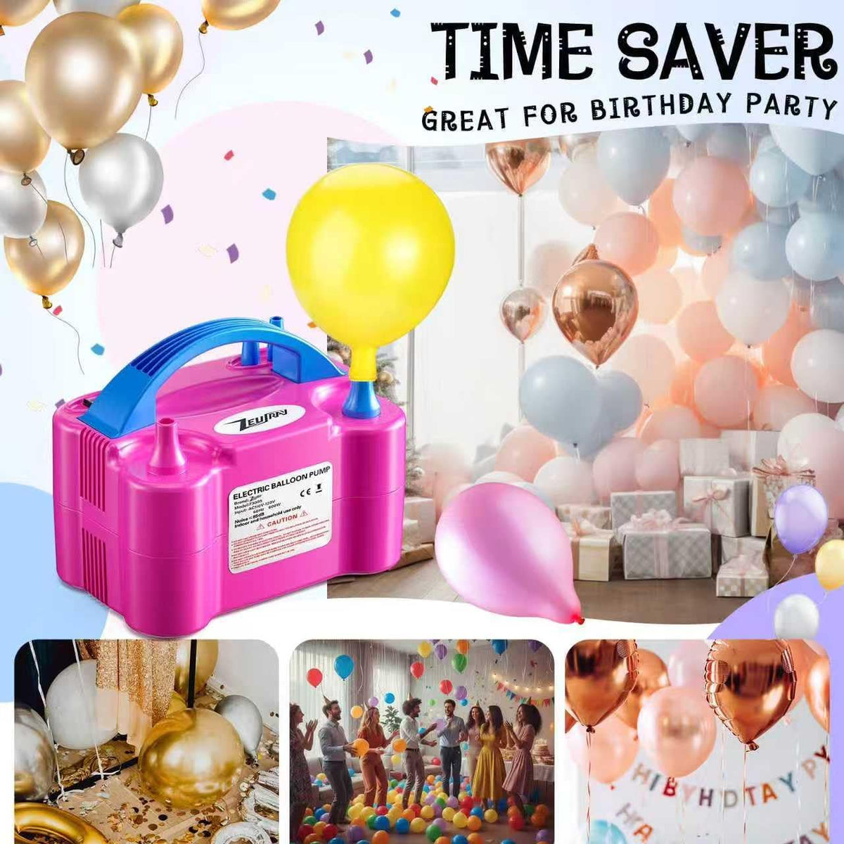 ZEUSRAY Portable Electric Balloon Pump - 110V 600W Dual Nozzle Balloon Inflator Pump with 113 accessories Decorations fo