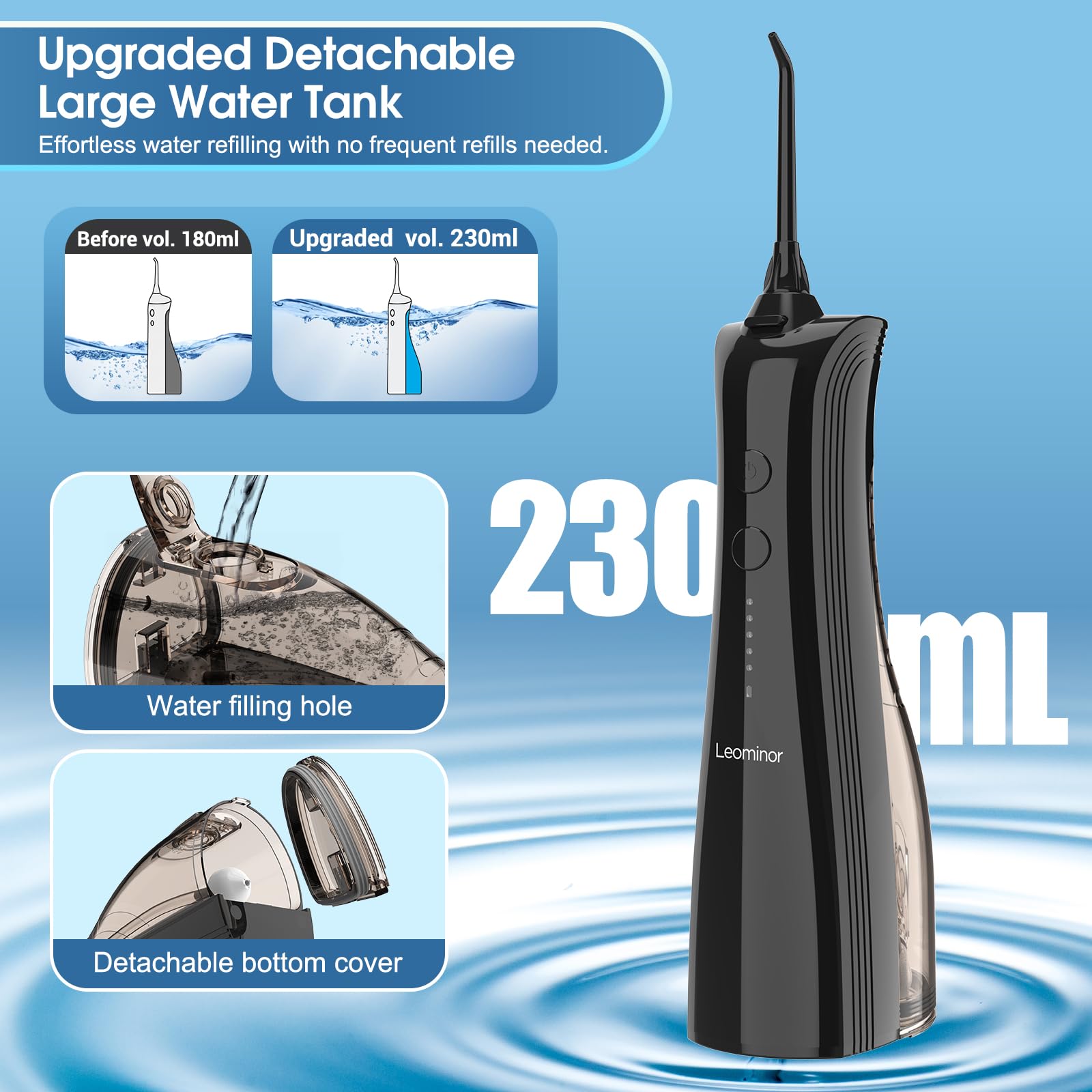 Leominor cordless water dental flosser with 5 modes, black, portable oral irrigator, waterproof IPX7, rechargeable teeth cleaner.