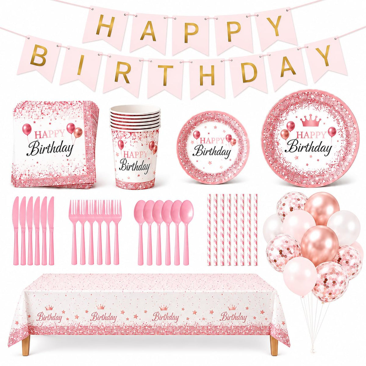 ZIRICHER 212Pcs Pink Birthday Party Supplies Set, Disposable Plates Napkins Cups Cutlery Tableware Kit with Balloons Ban