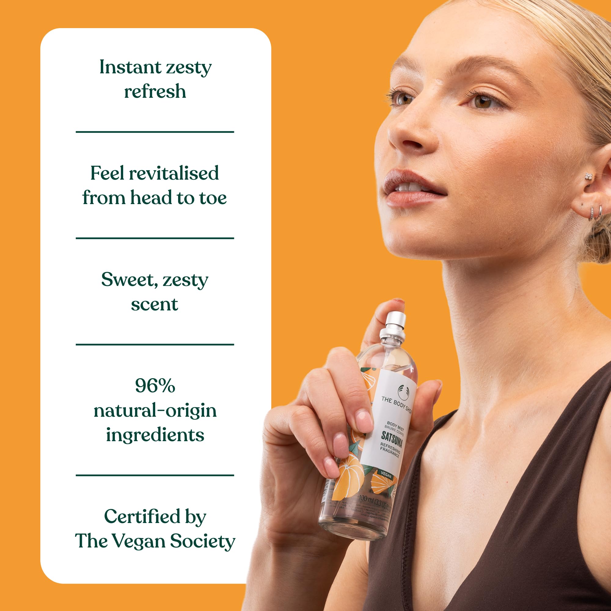 The Body Shop Satsuma Body Mist with vegan citrus scent in 3.3 oz spray bottle, featuring bright orange and citrus-inspired design.