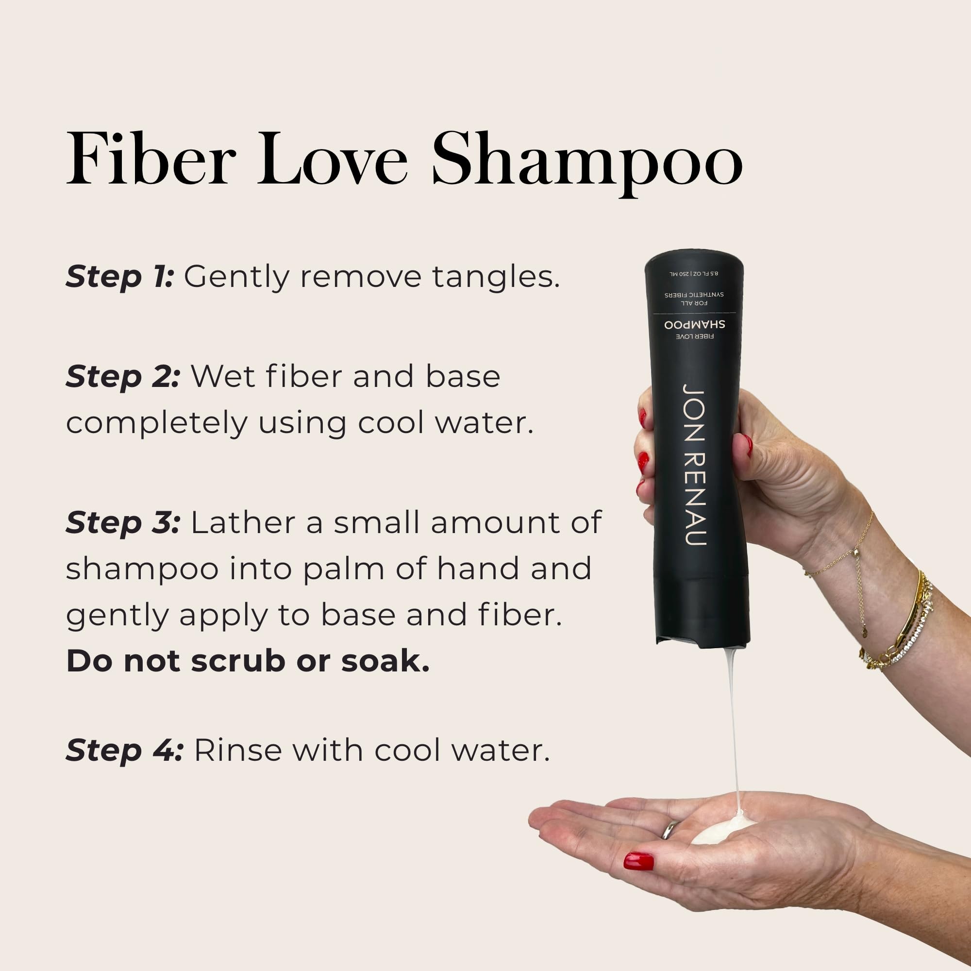 Jon Renau sulfate-free wig shampoo for synthetic hair in a clear bottle with a pump dispenser, suitable for maintaining wig quality.