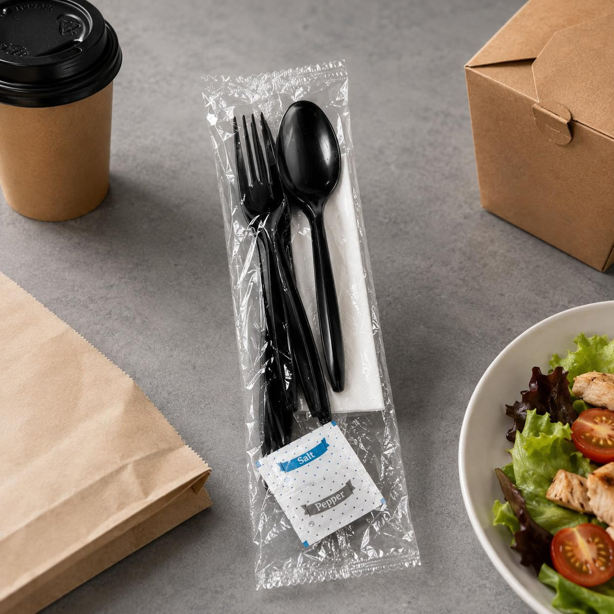 KitchenDine 100 Pack Medium Weight Wrapped Black Plastic Cutlery Pack with Napkin and Salt/Pepper Packets (Black) – prod