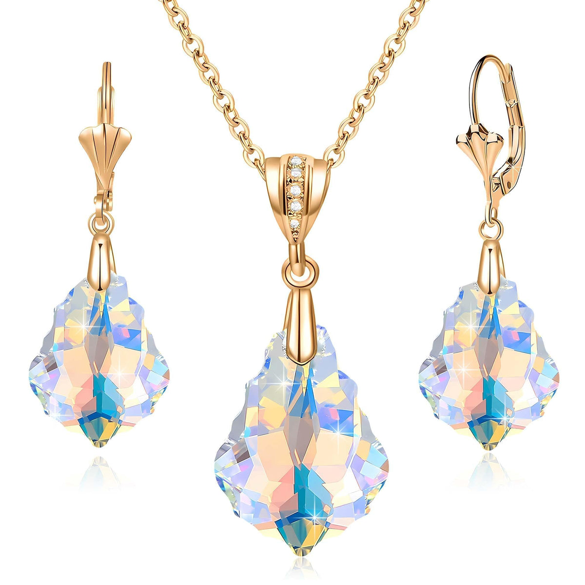 EVEVIC Austrian Crystals Baroque Pendant Necklace Earrings for Women 14K Gold Plated Hypoallergenic Leverback Drop Dangl