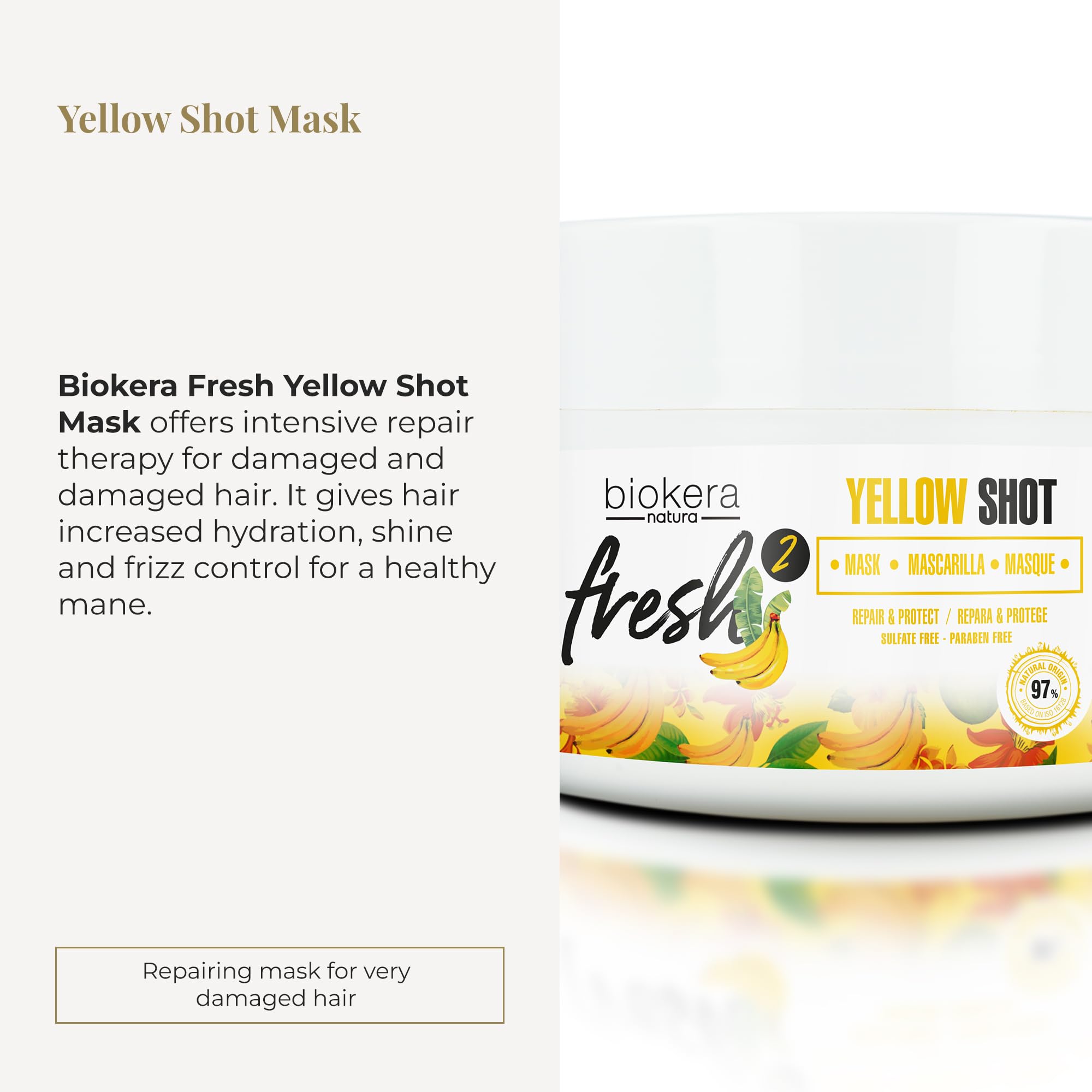 Salerm Biokera Fresh Yellow Shot hair mask in 250ml jar, conditioner for nourishing and revitalizing hair, displayed in the image.