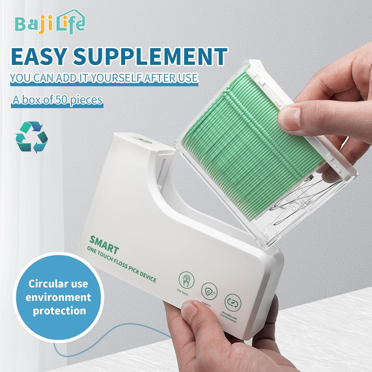 bajilife Smart Touchless Dental Floss Dispenser with 10 Cartridges Total 550 Count – packaging and label