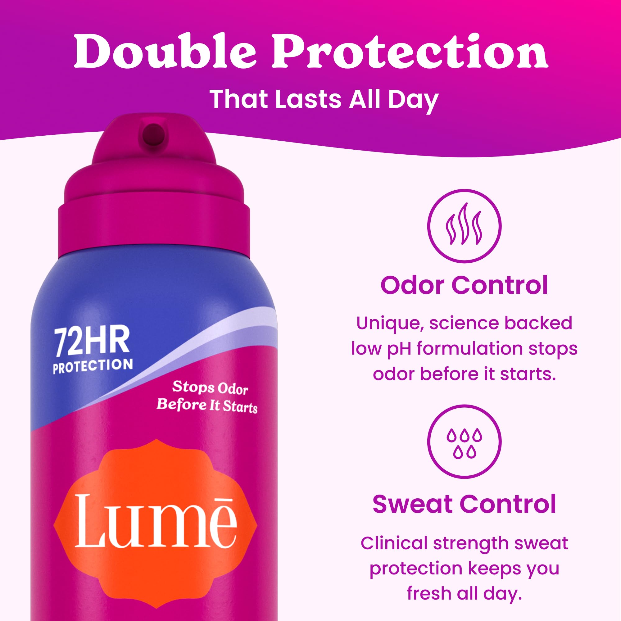 Lume Sweat Control Deodorant Spray in soft powder scent, 2-pack, natural body deodorant for odor and sweat protection
