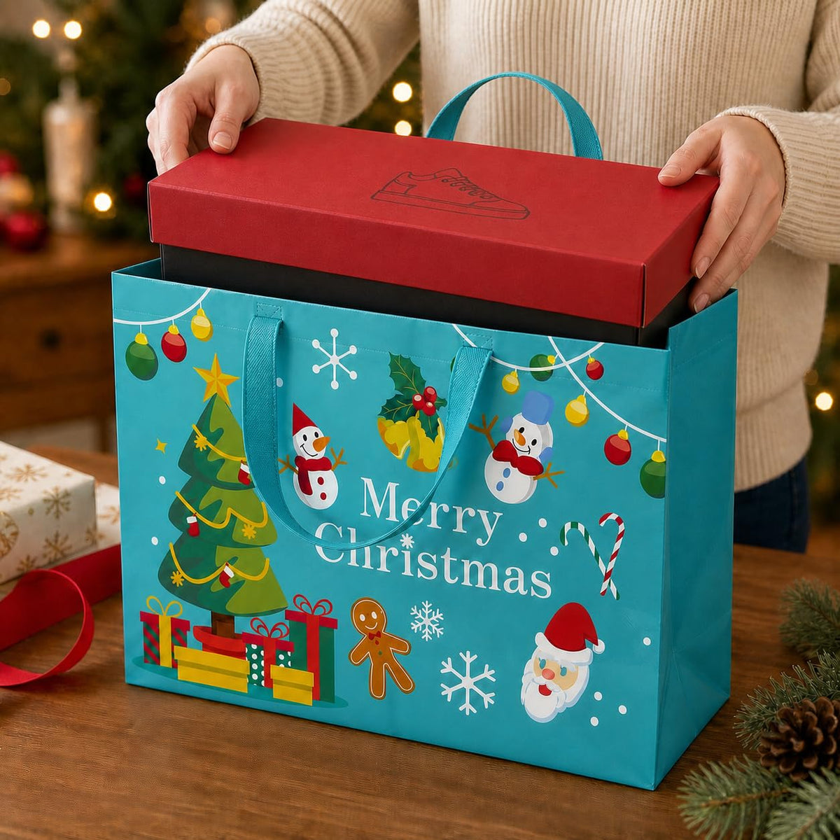 IPQXE 34 Pack Christmas Gift Bags Assorted Sizes- Reusable Tote Bags Non-Woven, Xmas Shopping Bags with Handles, for Chr