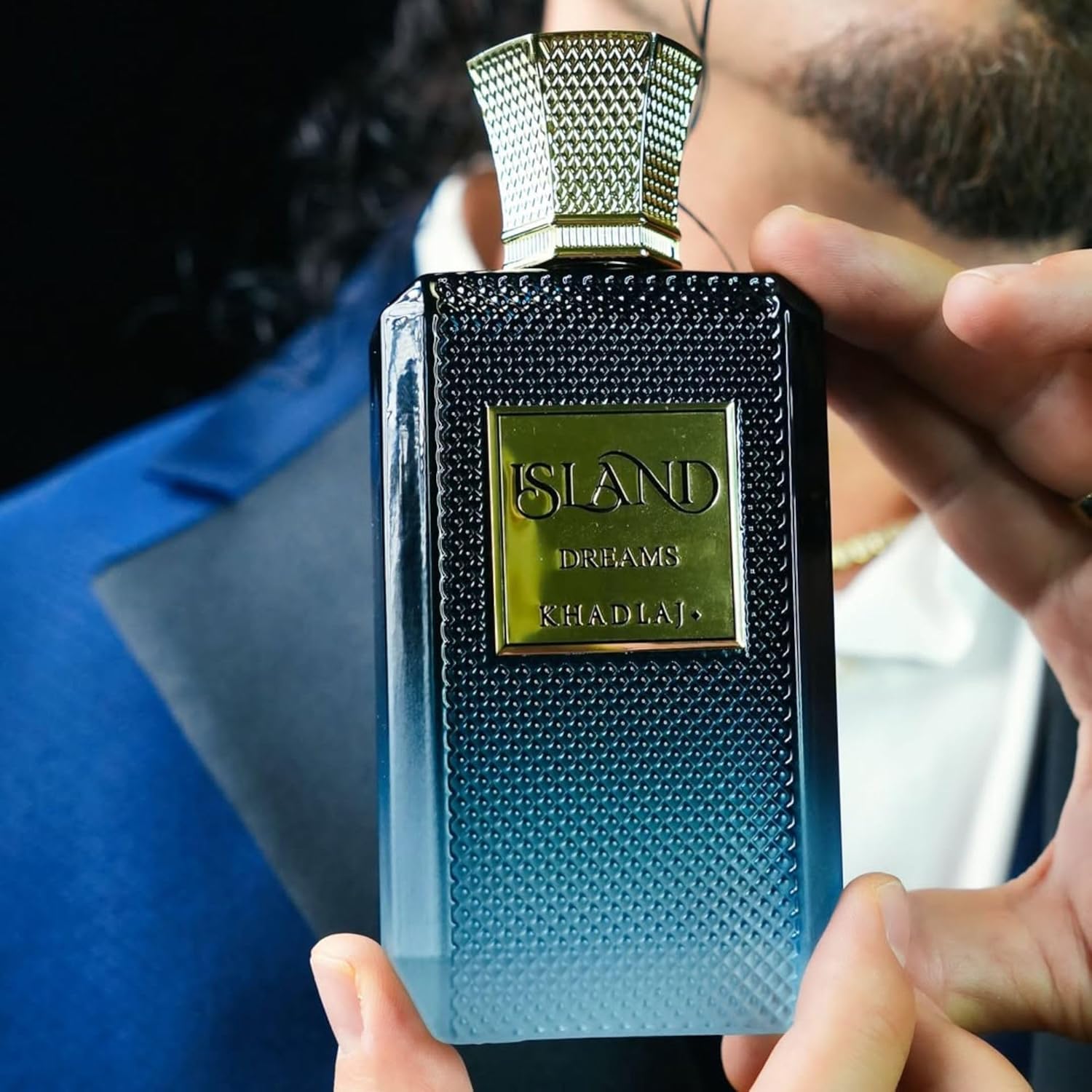 Khadlaj Island Dreams Extrait de Parfum 3.4oz bottle, personal fragrance with tropical-inspired design and elegant packaging.