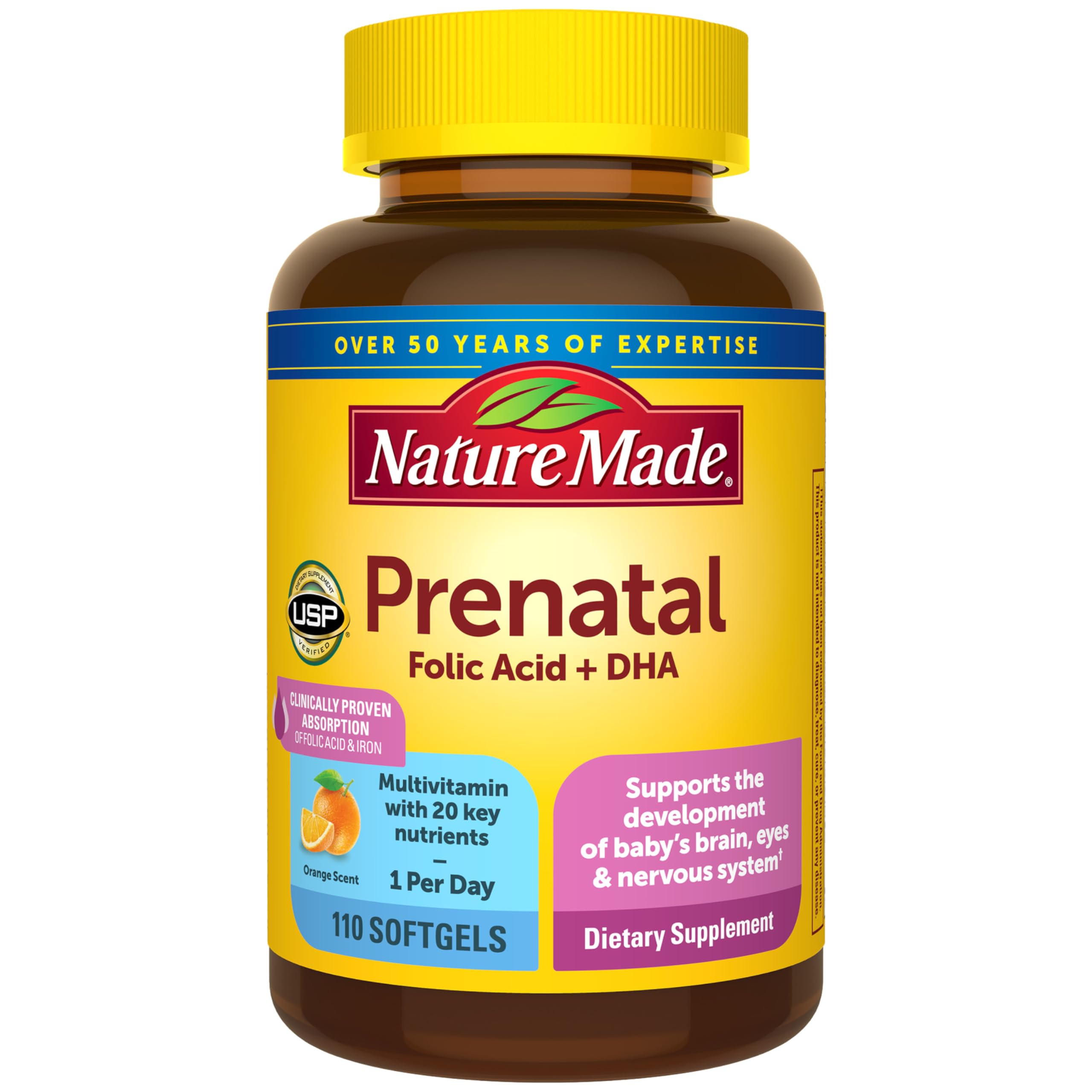 Nature Made prenatal vitamin softgels with folic acid and DHA for women, displayed in a bottle with 110 softgels inside.