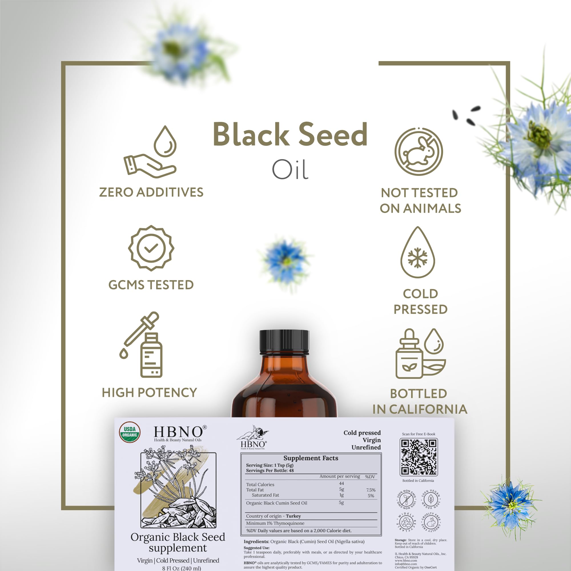 HBNO Organic Black Seed Oil - Huge 8oz (240ml) Glass Bottle Value Size - USDA Certified Organic Black Seed Oil, Cold Pressed for Face, Body, Lips, Shampoo & Conditioner