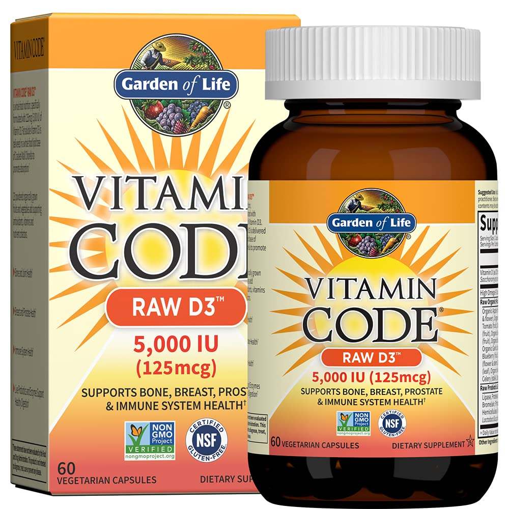 Garden of Life Vitamin D3 5000 IU raw whole food vitamin bottle with 60 capsules, natural supplement for bone health