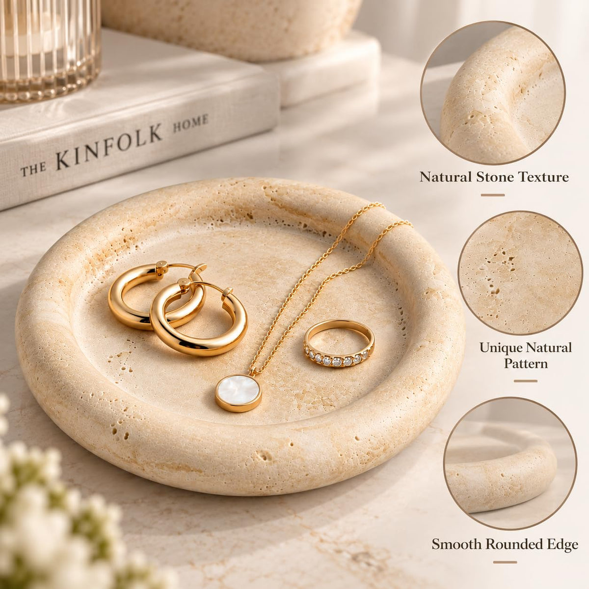 IPEDWO Natural Travertine Jewelry Dish,7.7" Stone Tray for Ring and Earring – back view and specifications