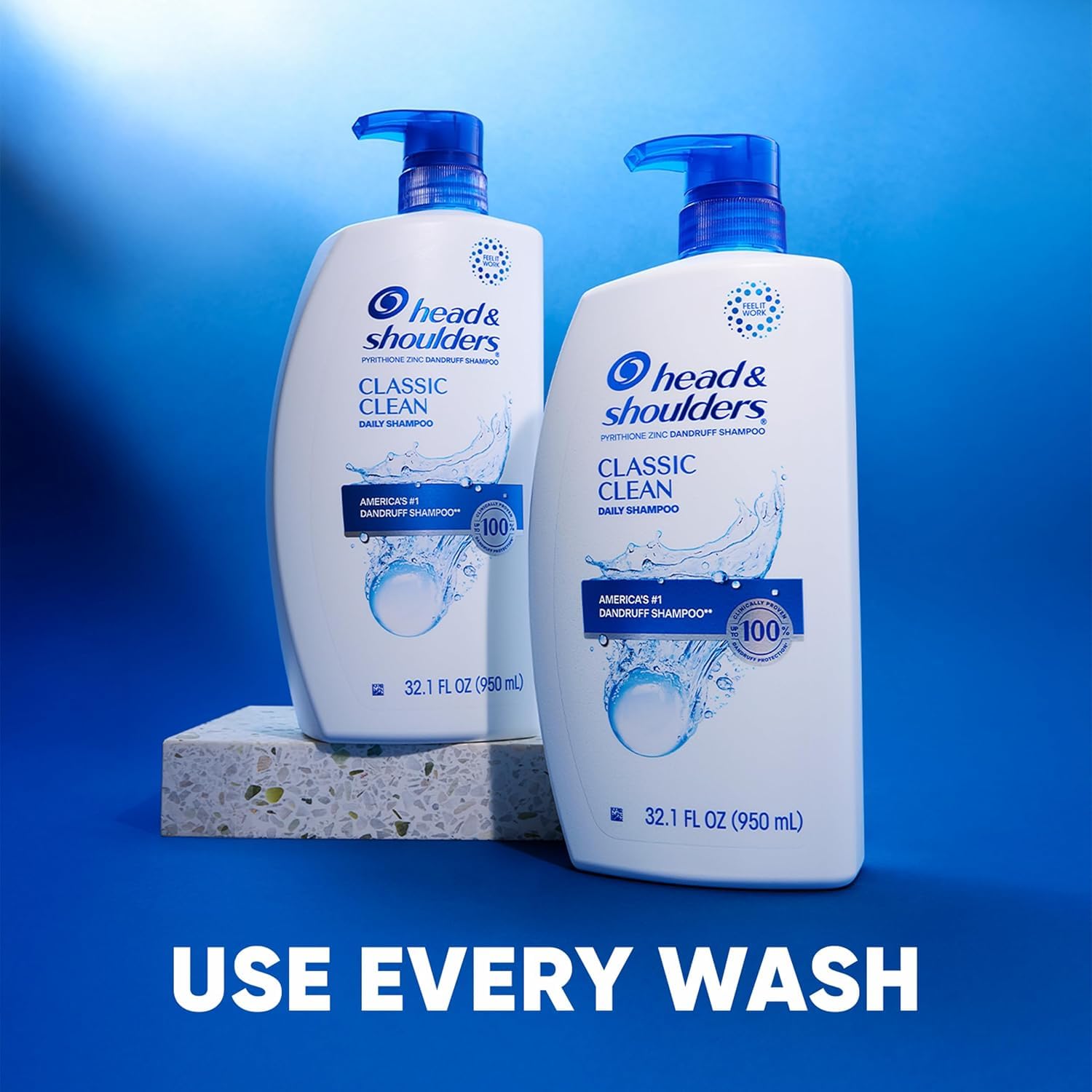 Head & Shoulders Classic Clean shampoo bottle with 28.2 fl oz size, featuring white and blue packaging and a pump dispenser.