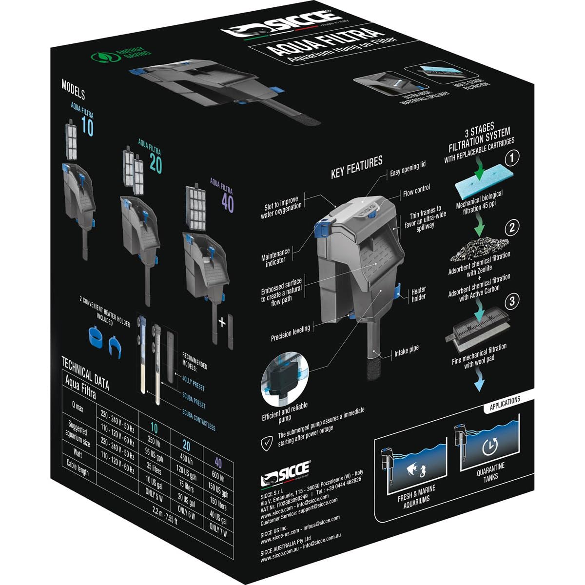 Sicce Aqua Filtra 10 Hang On Back Aquarium Fish Tank Power Filter Up to 10 Gallon Aquariums - Quiet 3-Stage HOB for Fres