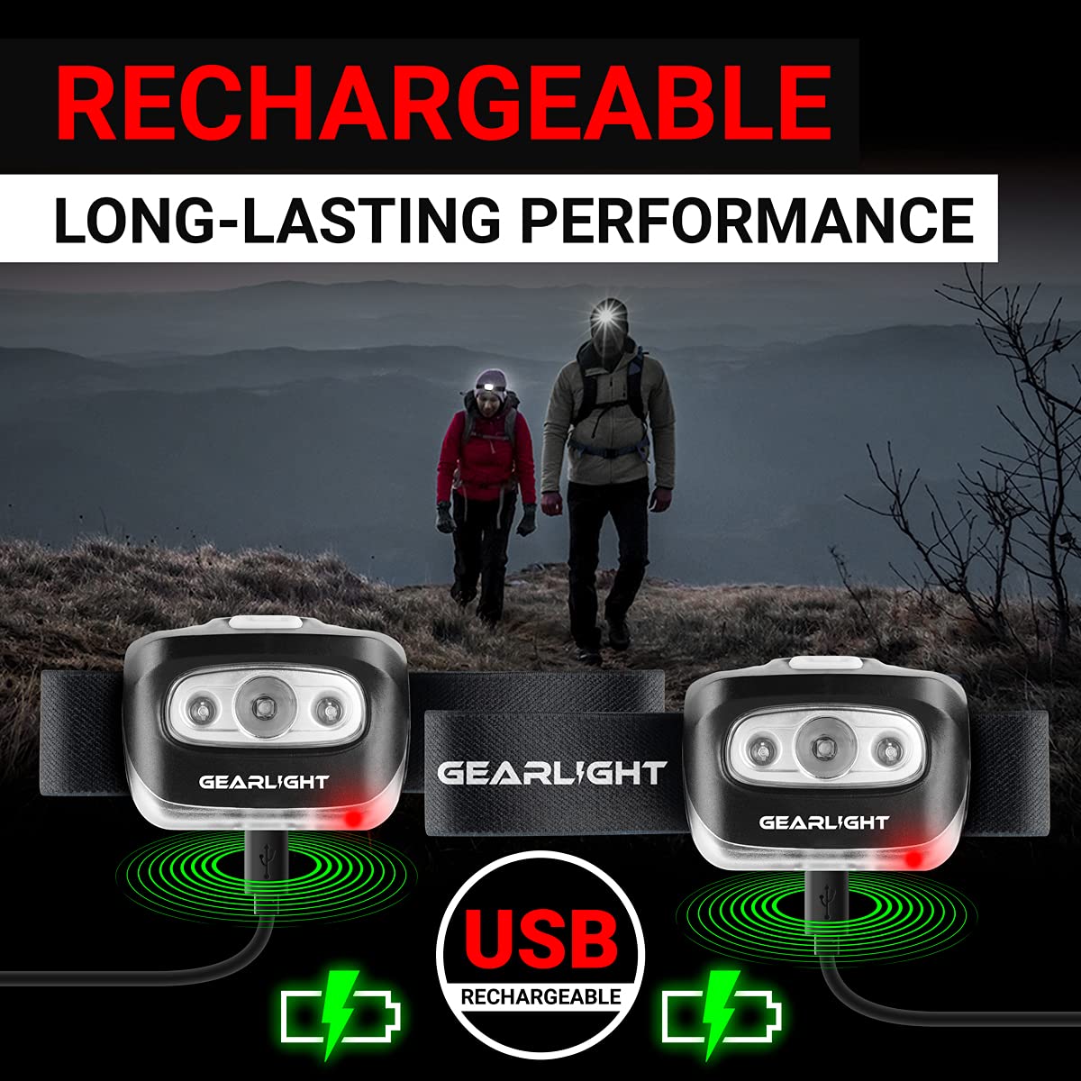 GearLight USB Rechargeable Headlamp Flashlight for Running, Camping, and Outdoor LED Headlight Camping Headlamps - Head 