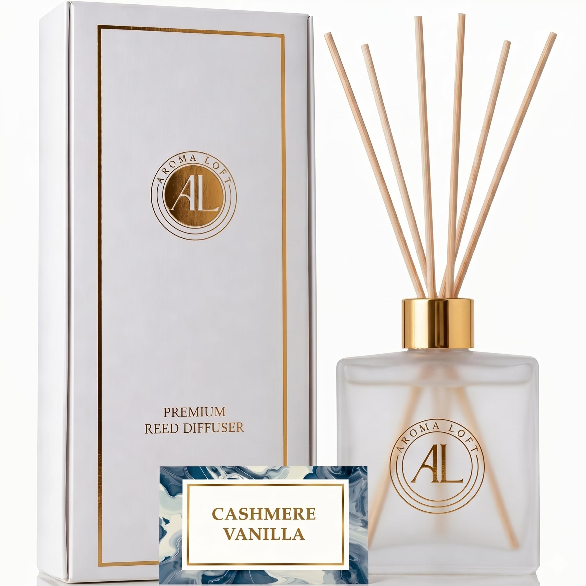 Aroma Loft Frosted Reed Diffuser in Cashmere Vanilla scent, 5oz bottle with reed sticks for home fragrance display