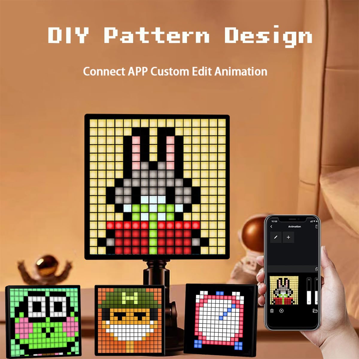 AVEKI LED Pixel Display, 16x16 Pixel Art DIY Display Screen Matrix Panel with Fun Text and Digital Clock, RGB Cool Smart