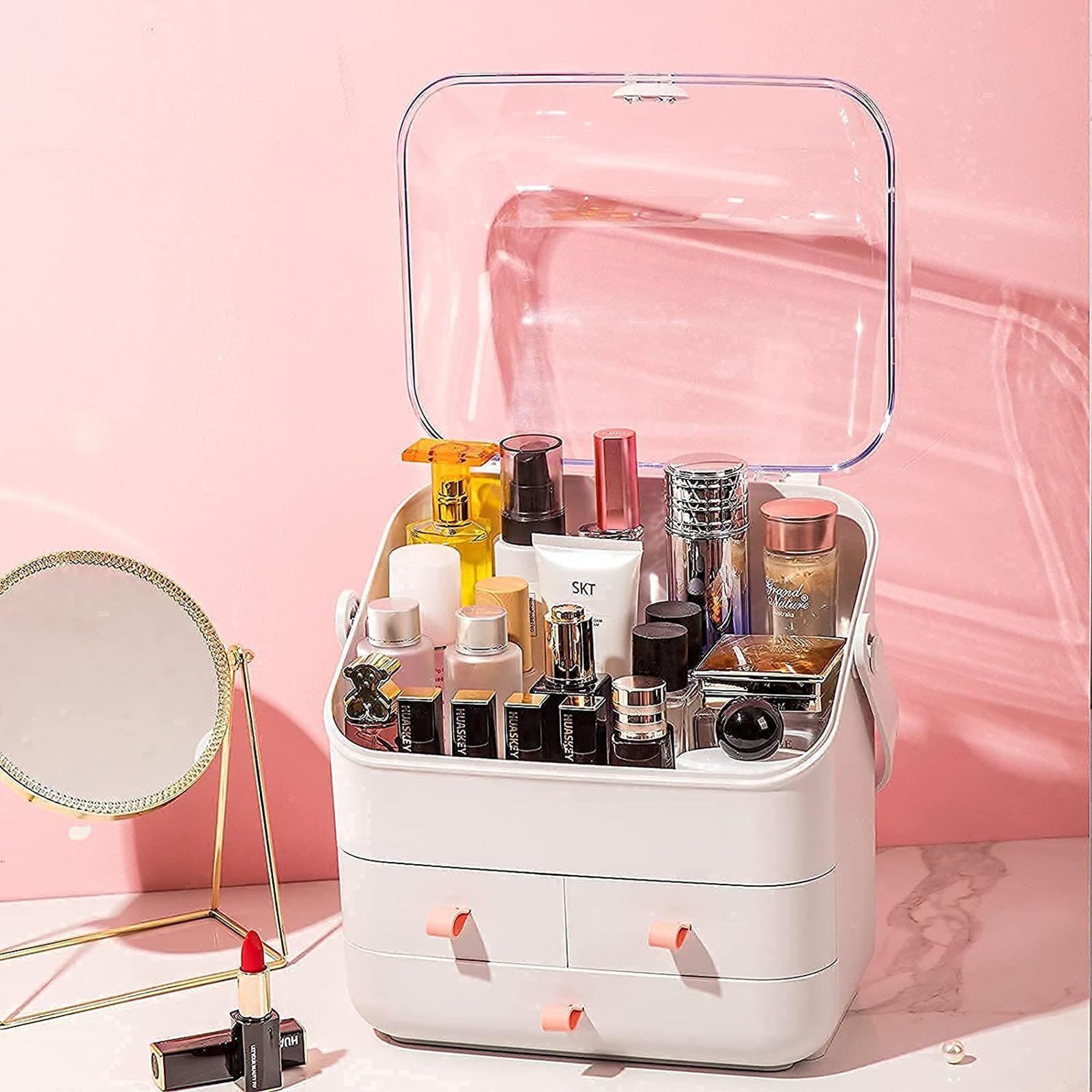 VIDECOR Organize Beauty Waterproof Dustproof Makeup Organizer Box for Bathroom, Dresser, Countertop & Bedroom Storage,White