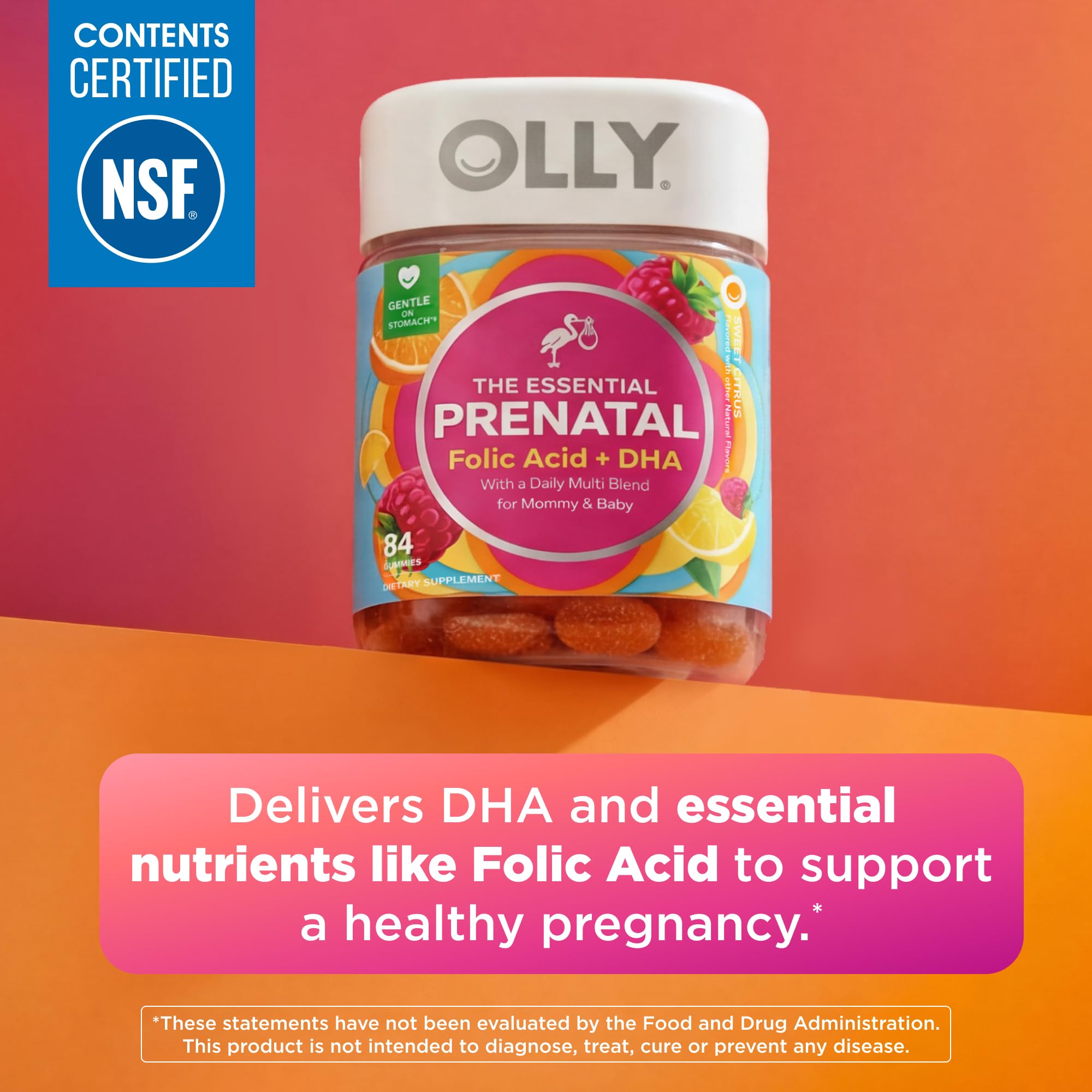 OLLY Prenatal Multivitamin Gummy bottle showing 84 chewable vitamins designed for expecting moms and babies.