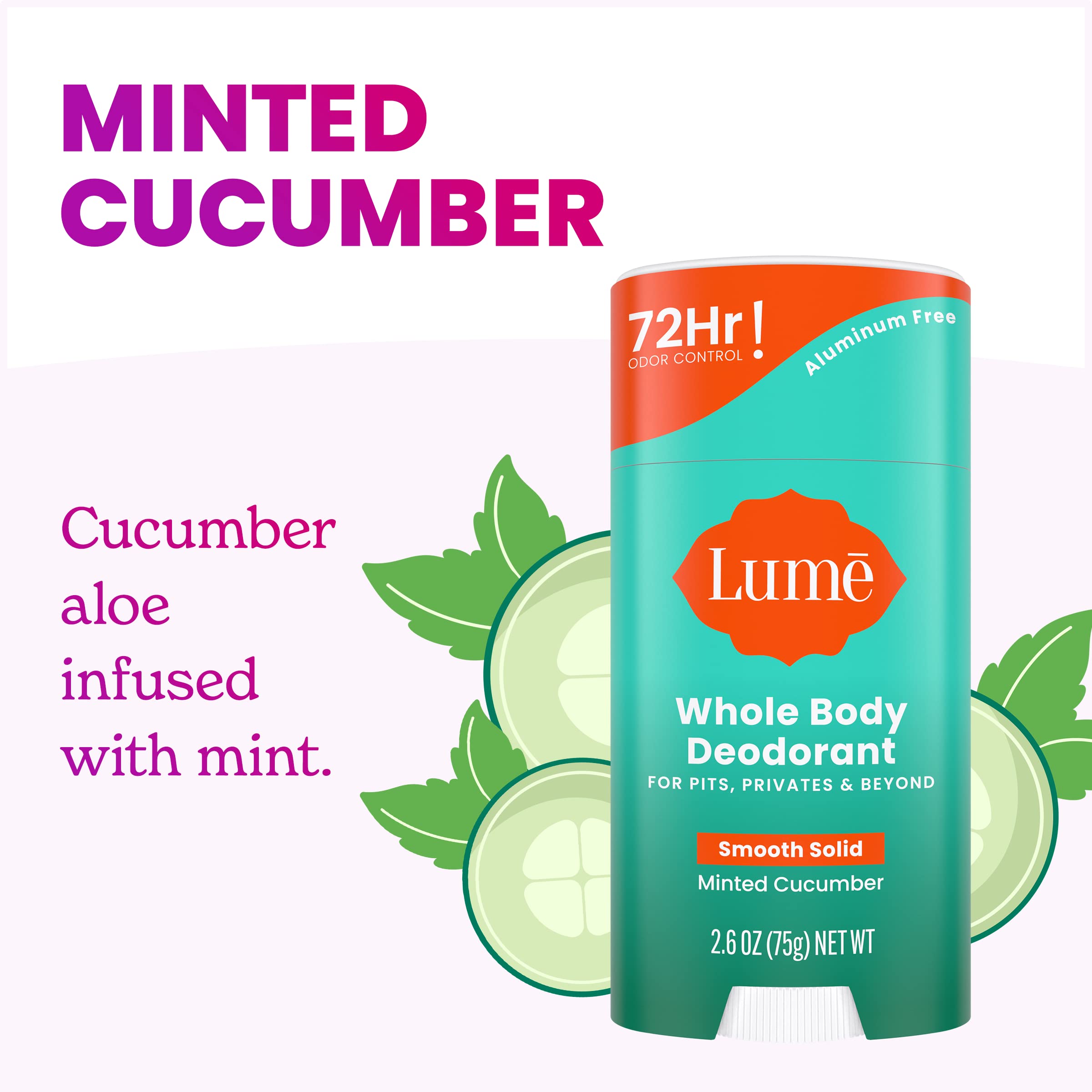 Lume Whole Body Deodorant Solid Stick 2.6 oz, 2-pack, natural deodorant for all-over body freshness in a sleek stick form.