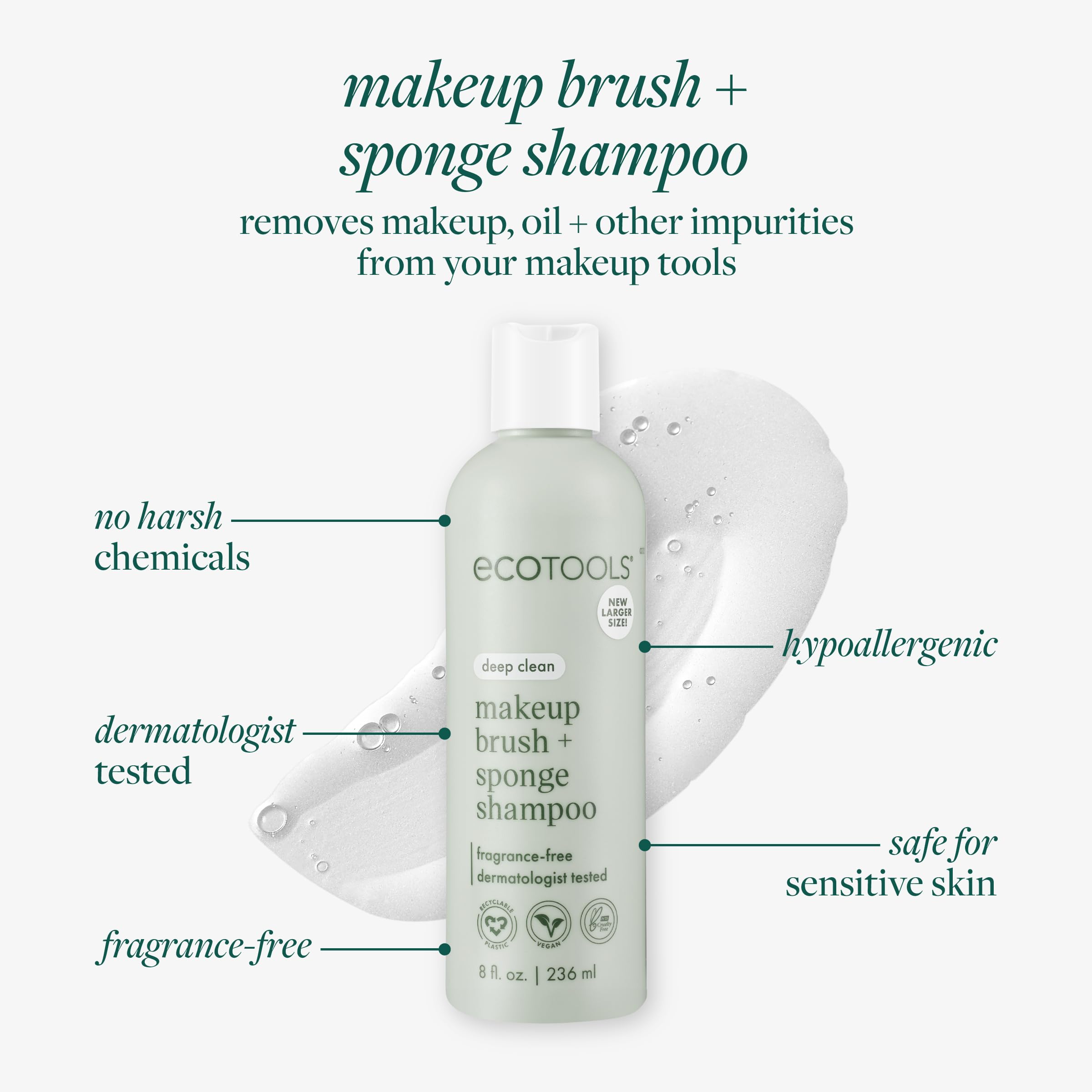 EcoTools XL makeup brush cleaner and sponge shampoo in a 16 fl oz bottle, fragrance-free cleaning agent for cosmetics tools.
