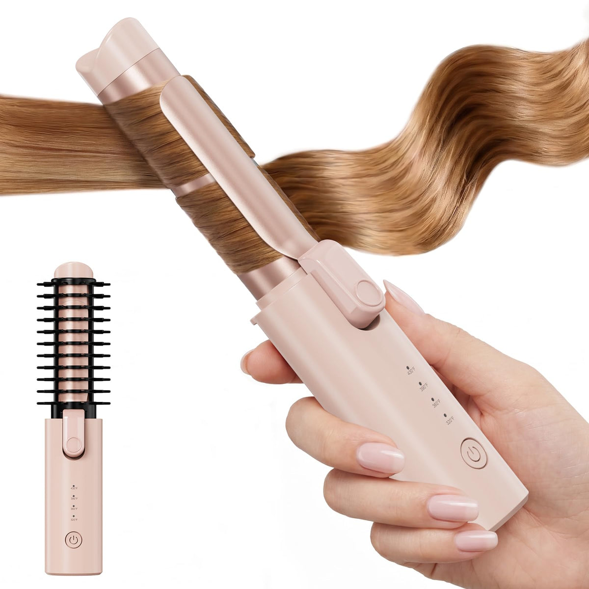 CARESKY Cordless Curling Iron Brush 1‑1/5" Reduce Frizz for 1B-4A Curls – Pearl Gold, Ceramic, Keratin, ABS Plastic,
