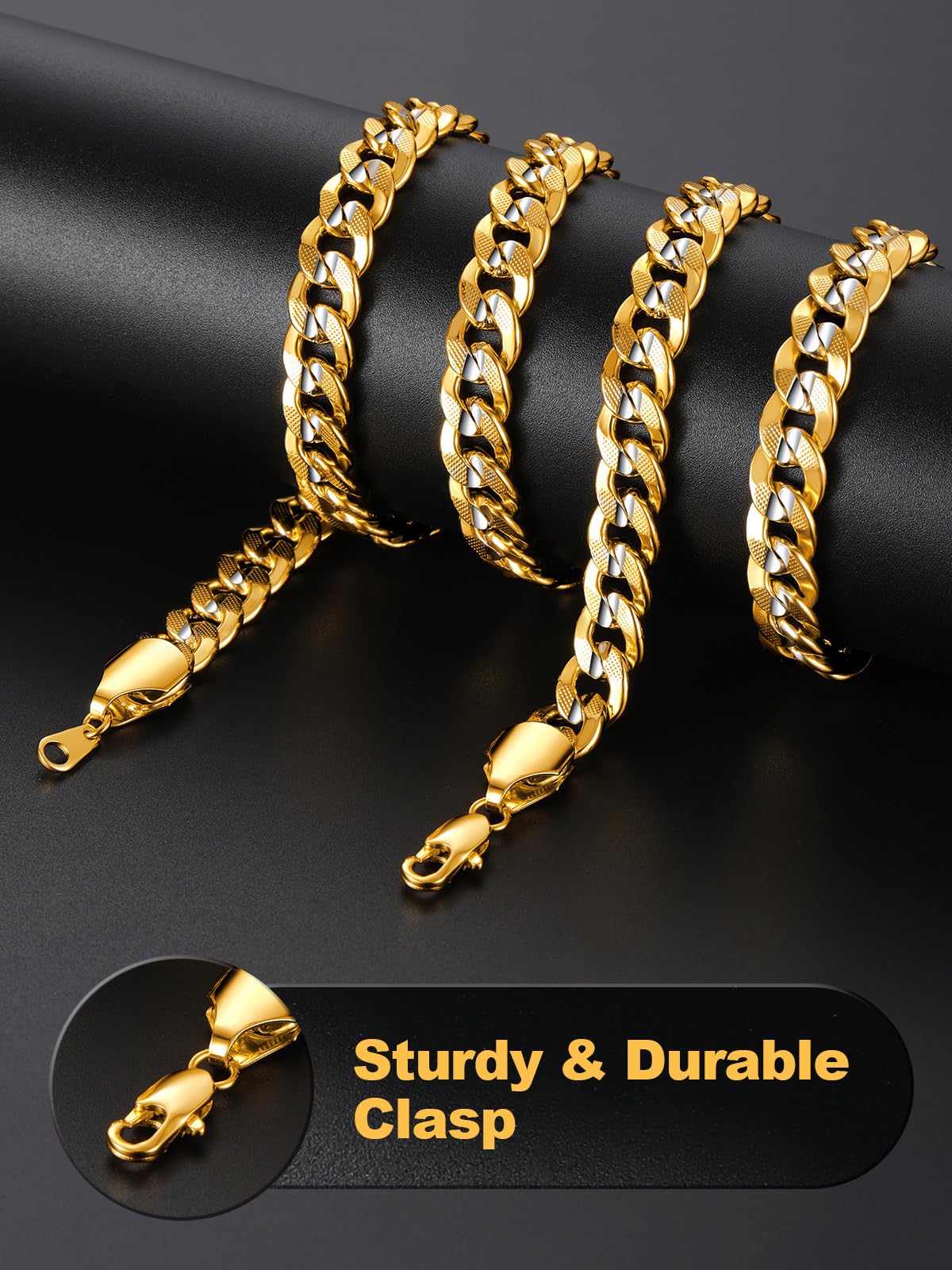 U7 Cuban Link Chain Necklace for Men, Stainless Steel Curb Chain Waterproof – back view and specifications