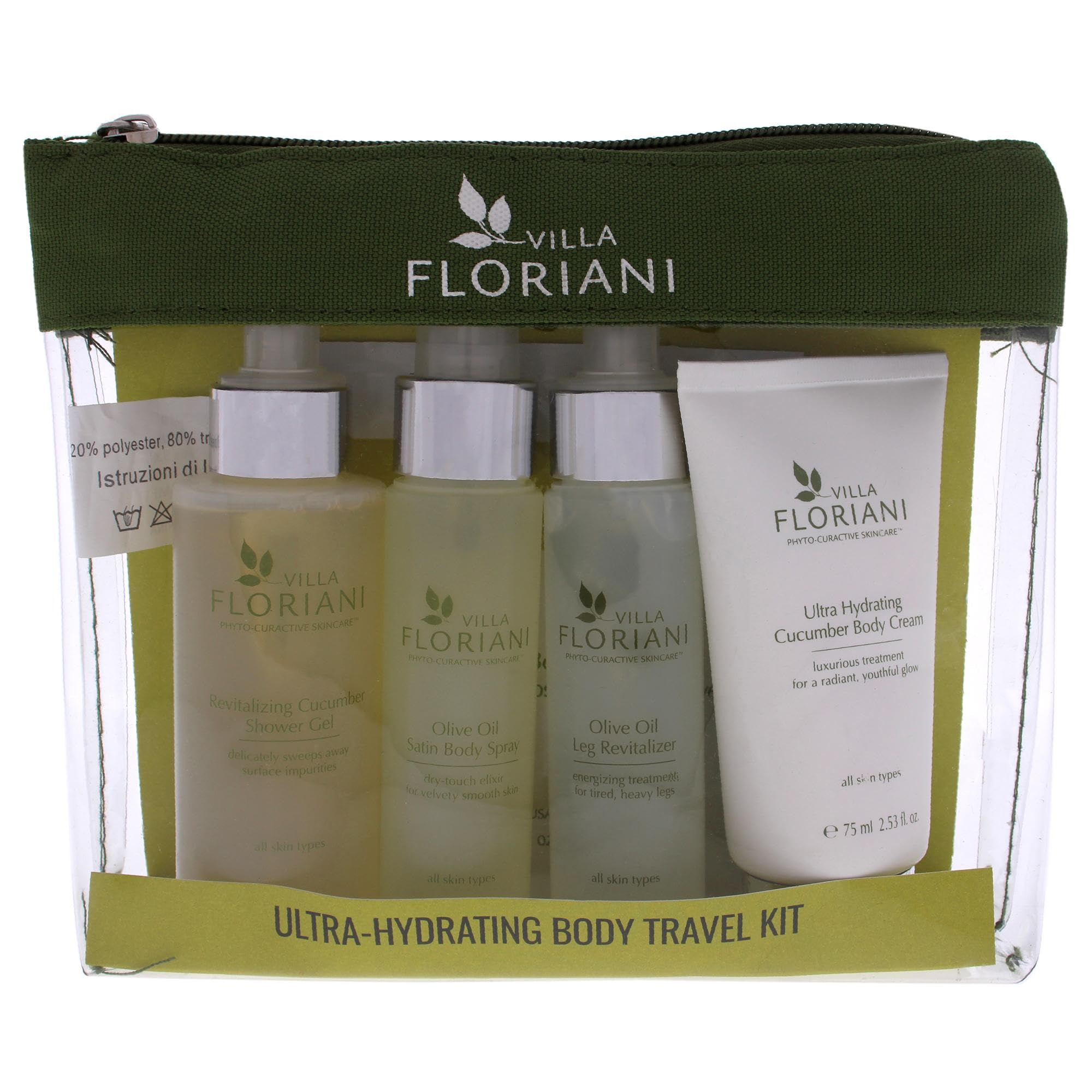 Villa Floriani Ultra-Hydrating Body Travel Kit with five unisex personal body care products, including lotions and creams.
