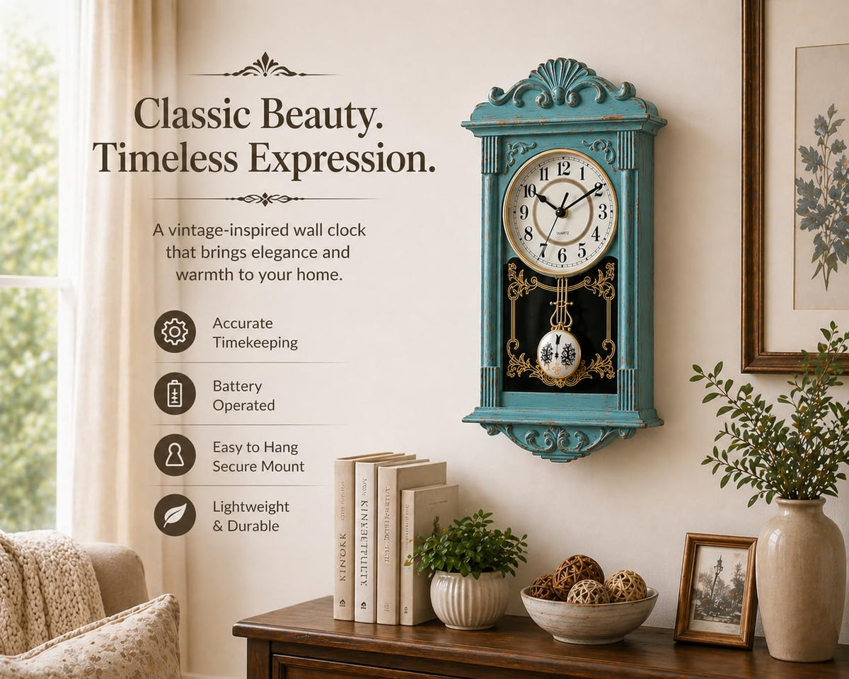 Clockswise Vintage Grandfather-Style Wall Clock with Wood-Effect Plastic Pendulum, Battery-Operated - for Home Decor, Li