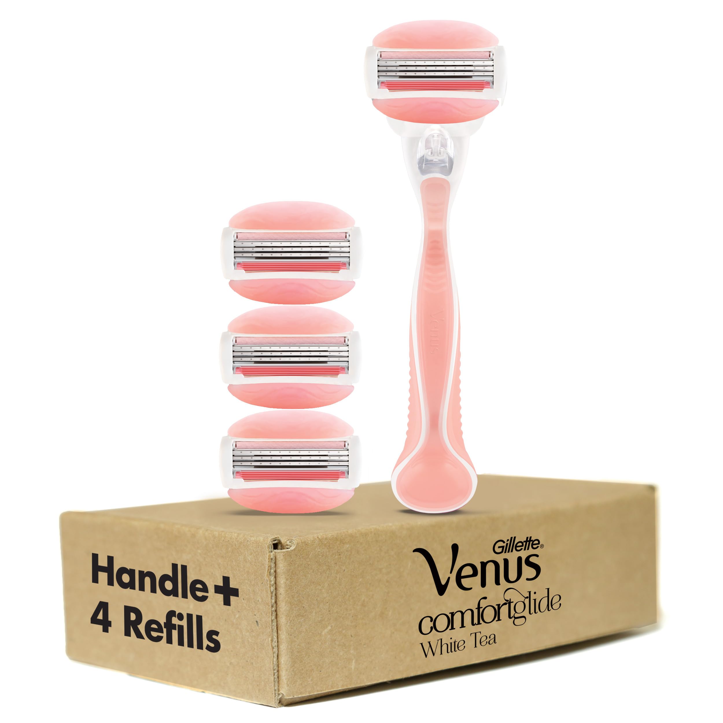 Gillette Venus ComfortGlide white tea women's manual shaving razor with one handle and four blade refills.