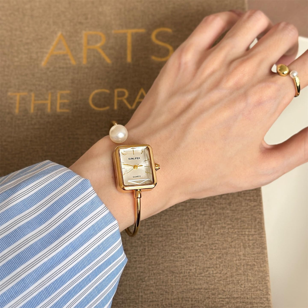 Gosasa Pearl Bangle Watch for Women, Gold Bracelet Watch with Square Easy Read Dial, Dainty Elegant Cuff Watch for Women
