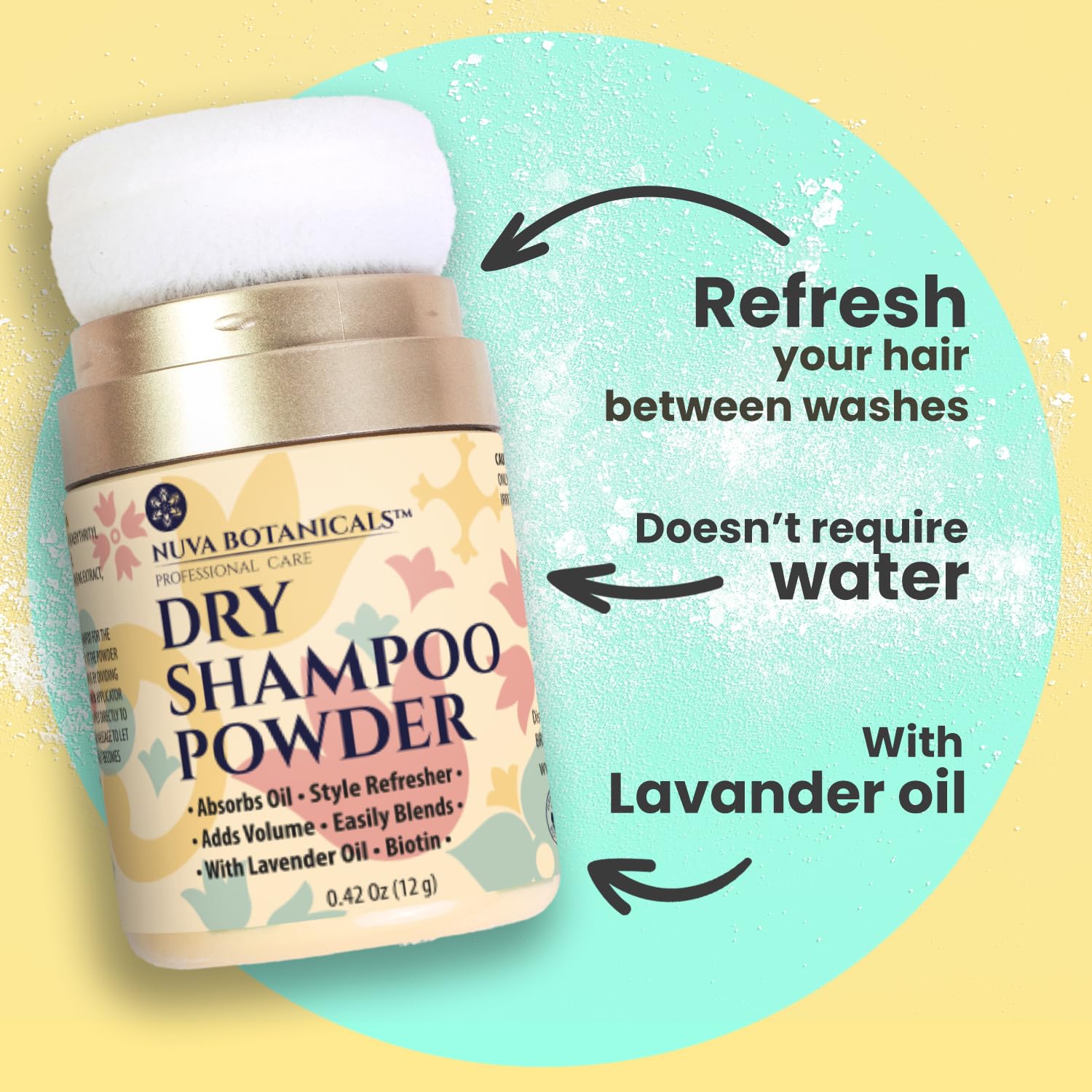 Nuva Botanicals lavender dry shampoo powder in 0.42 oz travel size, natural non-aerosol hair refresh for clean, fresh hair.