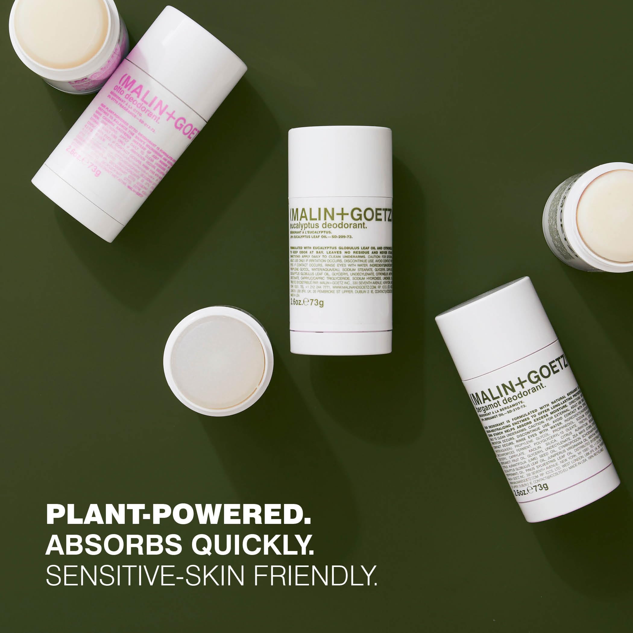 MALIN+GOETZ Eucalyptus Deodorant 2.6 oz in sleek container, showcasing fresh eucalyptus scent and body deodorant formulation.