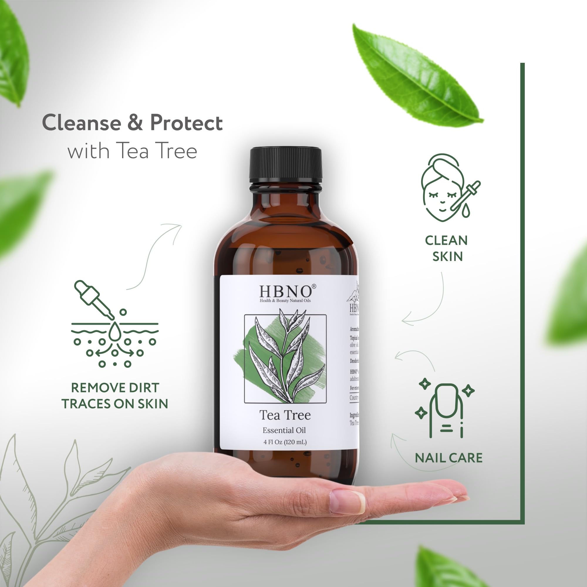 HBNO Tea Tree Oil for Skin 4oz (120 ml) - Bring Refreshing Aroma of Tea Trea Essential Oil - Perfect for Skin Therapy